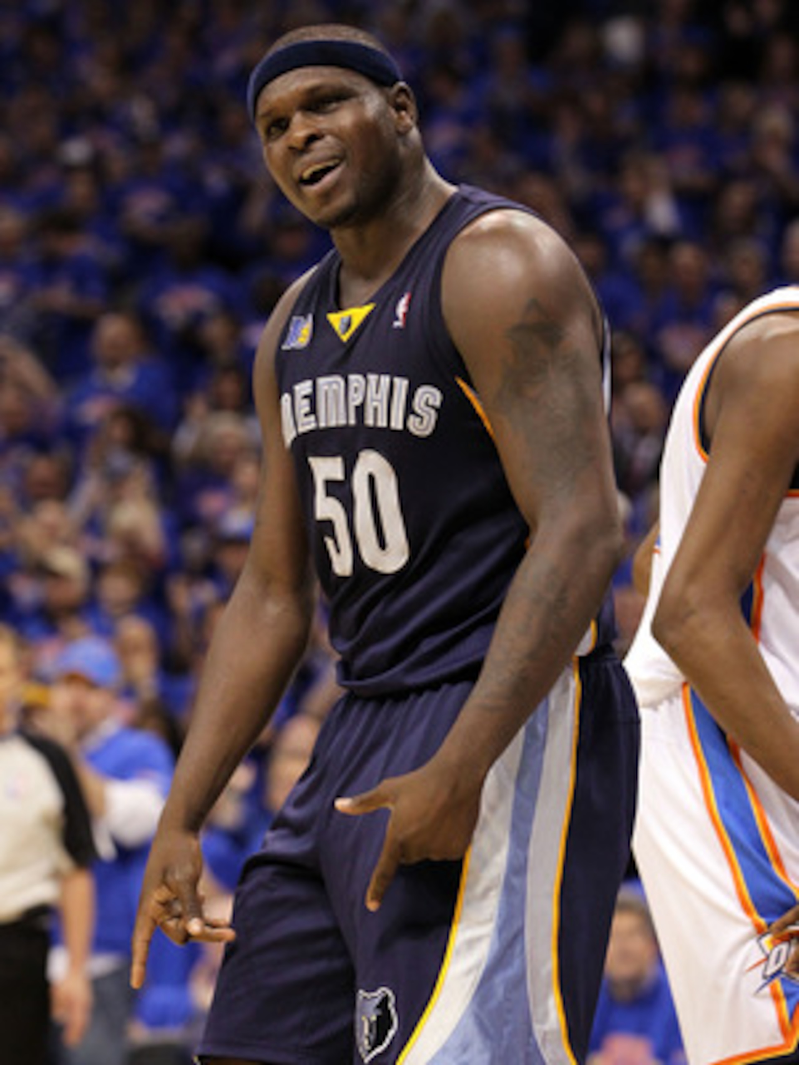 OKLAHOMA CITY, OK - MAY 15:  Forward Zach Randolph #50 of the Memphis Grizzlies reacts against the Oklahoma City Thunder in Game Seven of the Western Conference Semifinals in the 2011 NBA Playoffs on May 15, 2011 at Oklahoma City Arena in Oklahoma City, O