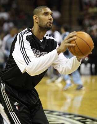 SAN ANTONIO, TX - APRIL 27:  Tim Duncan #21 of the San Antionio Spurs warms up prior to his game against the Memphis Grizzlies in Game Five of the Western Conference Quarterfinals in the 2011 NBA Playoffs on April 27, 2011 at AT&T Center in San Antonio, T
