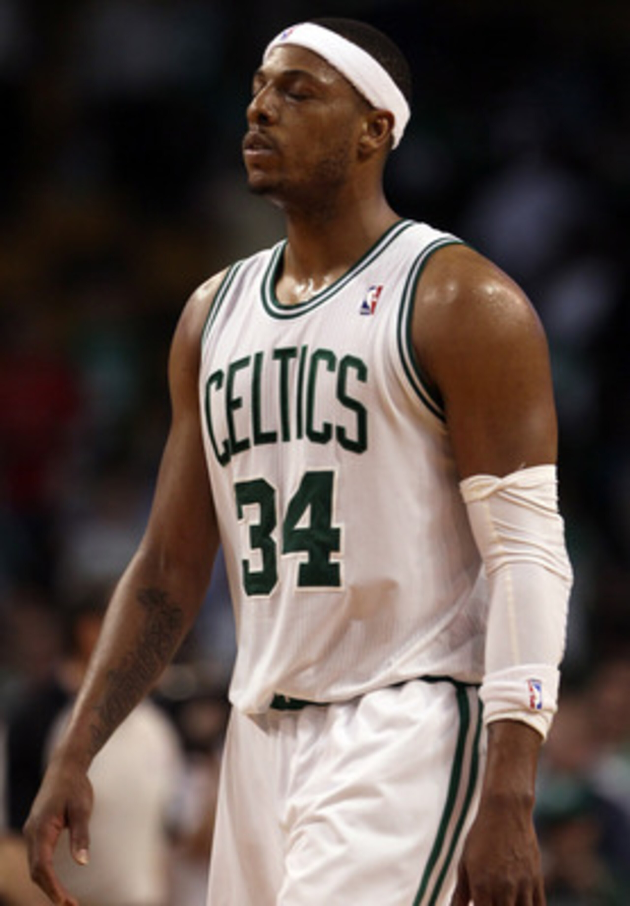 BOSTON, MA - MAY 09:  Paul Pierce #34 of the Boston Celtics reacts after the loss to the Miami Heat in Game Four of the Eastern Conference Semifinals in the 2011 NBA Playoffs on May 9, 2011 at the TD Garden in Boston, Massachusetts.  The Miami Heat defeat