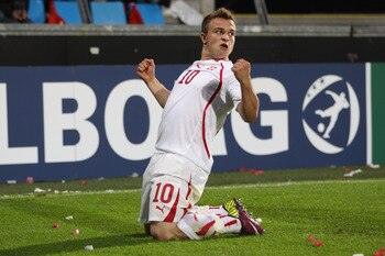AALBORG, DENMARK - JUNE 11:  Xherdan Shaqiri of Switzerland celebrates scoring the winning goal during the  UEFA European Under-21 Championship Group A match between Denmark and Switzerland at the Aalborg Stadium on June 11, 2011 in Aalborg, Denmark.  (Ph