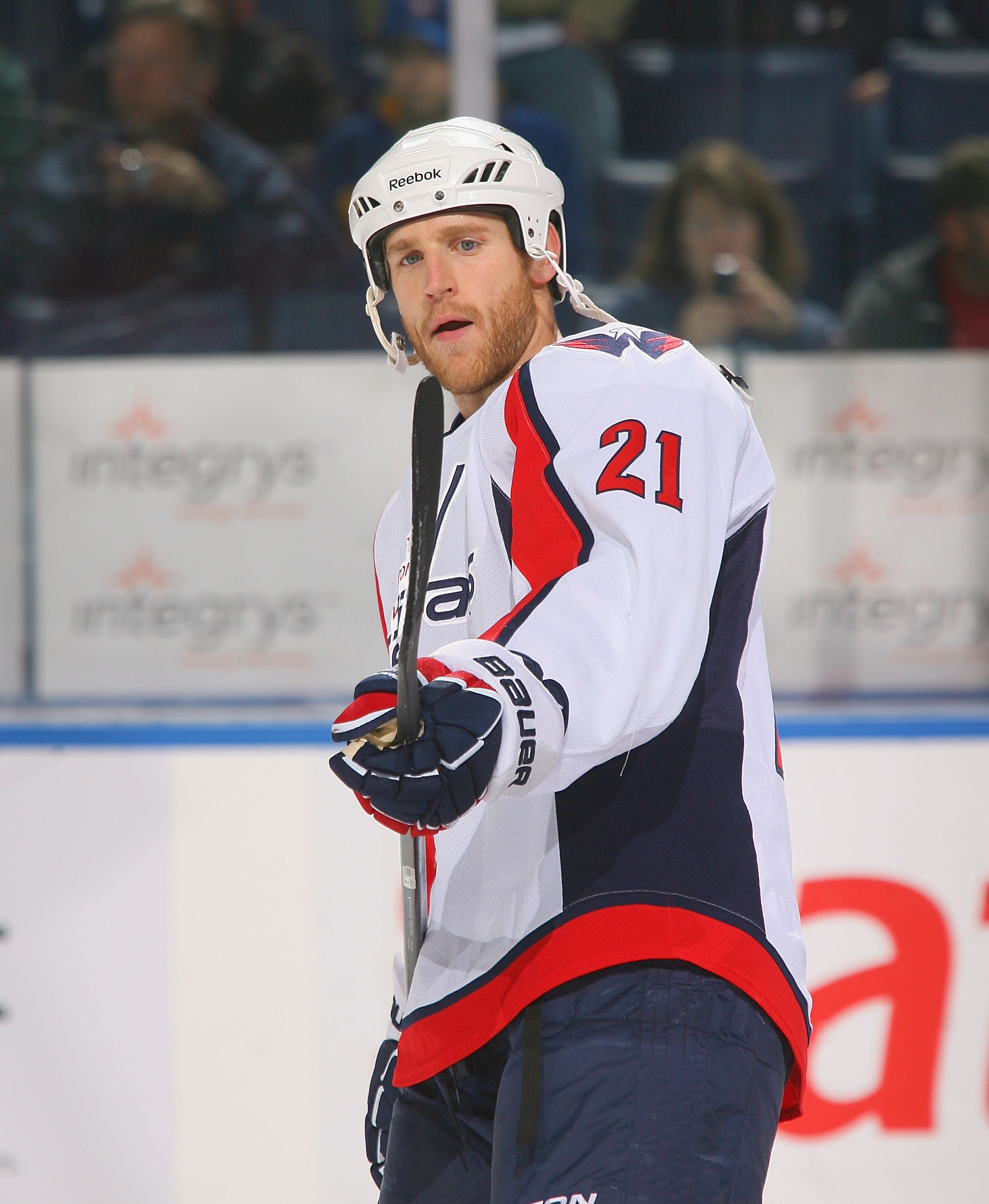 BUFFALO, NY - NOVEMBER 13: Brooks Laich #21 of the Washington Capitals warms up prior to playing the Buffalo Sabres  at HSBC Arena on November13, 2010 in Buffalo, New York. Buffalo won 3-2 in overtime .  (Photo by Rick Stewart/Getty Images)