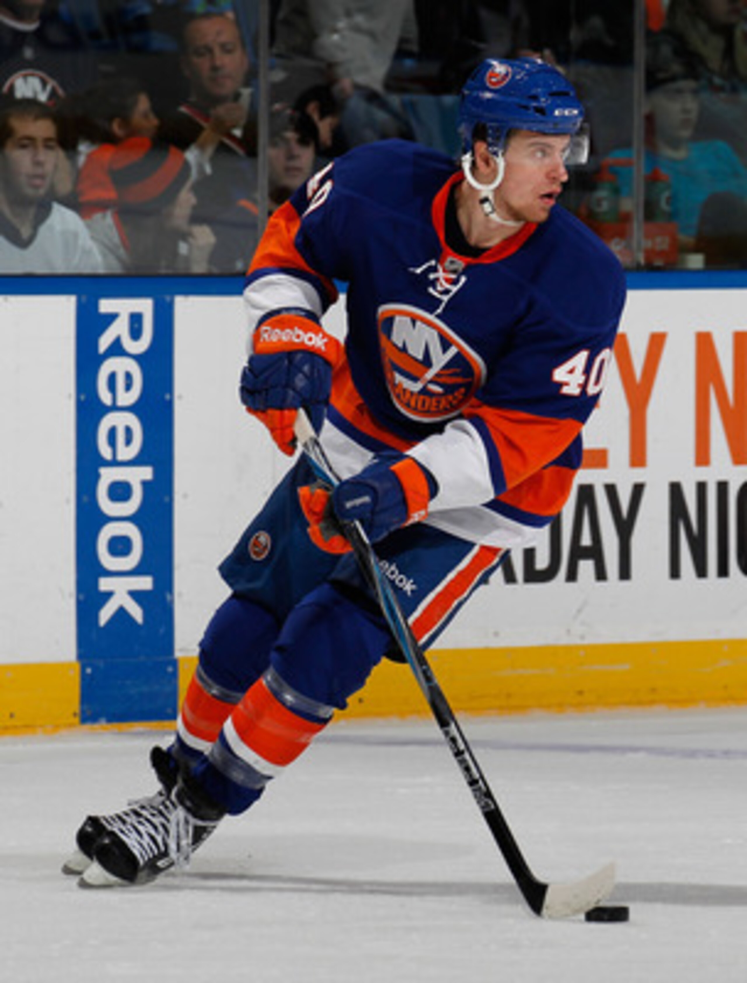 UNIONDALE, NY - MARCH 24: Michael Grabner #40 of the New York Islanders skates during an NHL hockey game against the Atlanta Thrashers at the Nassau Coliseum on March 24, 2011 in Uniondale, New York. (Photo by Paul Bereswill/Getty Images) UNIONDALE, NY - MARCH 24: Michael Grabner #40 of the New York Islanders skates during an NHL hockey game against the Atlanta Thrashers at the Nassau Coliseum on March 24, 2011 in Uniondale, New York. (Photo by Paul Bereswill/Getty Images)