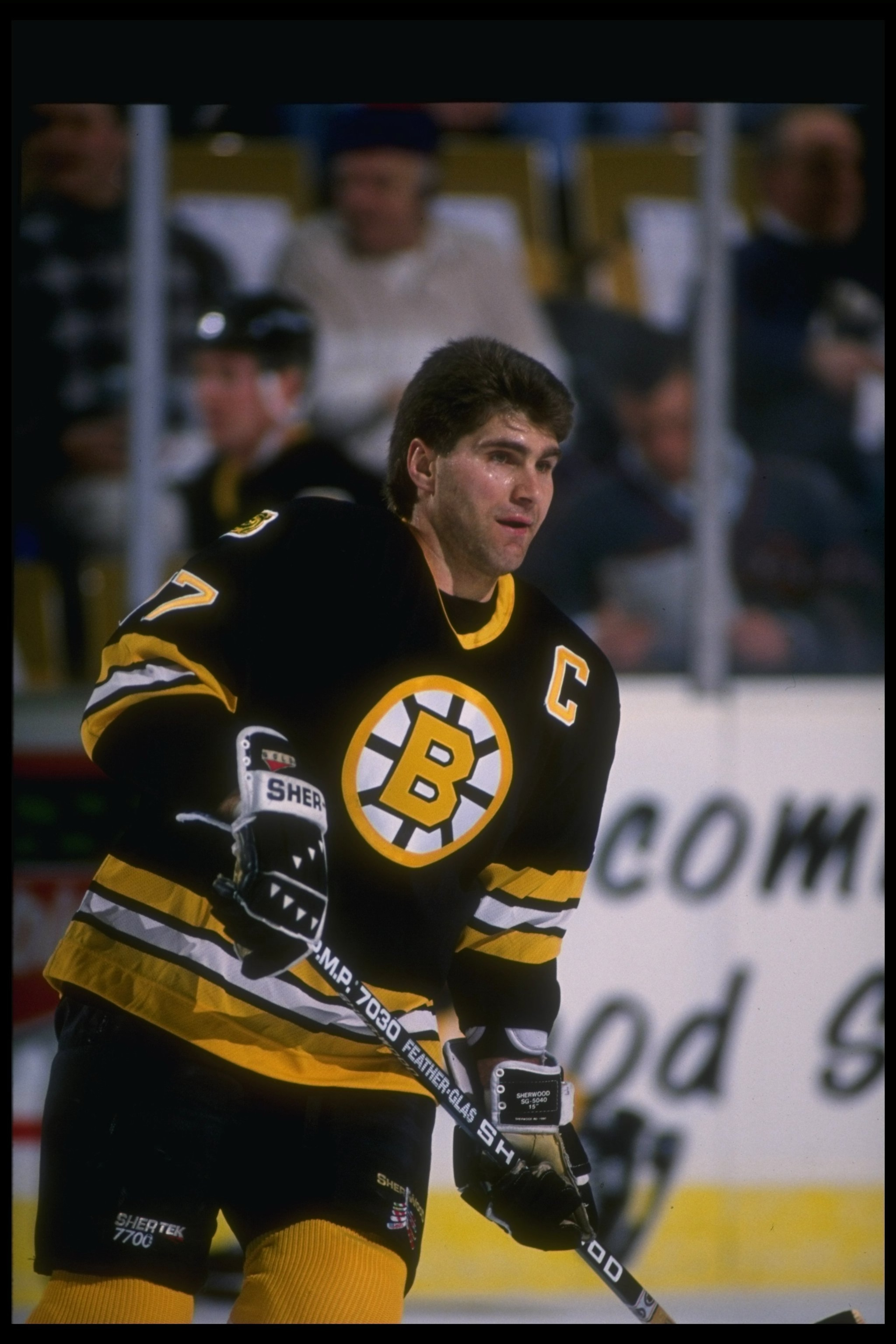 12 Feb 1995:  Defenseman Ray Bourque of the Boston Bruins looks on during a game against the Buffalo Sabres at Memorial Stadium in Buffalo, New York.  The Bruins won the game, 2-1Mandatory Credit: Rick Stewart  /Allsport