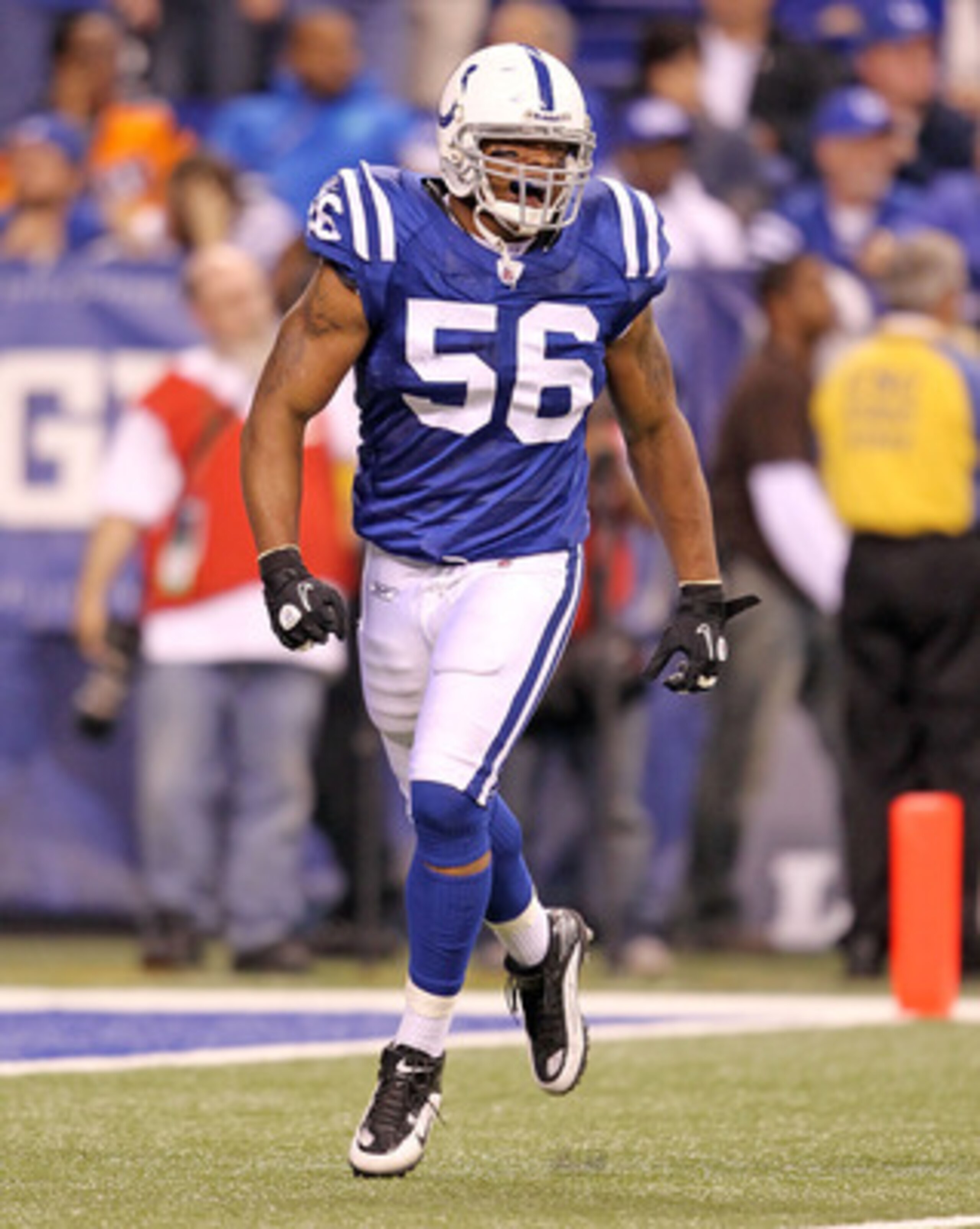INDIANAPOLIS - NOVEMBER 01: Tyjuan Hagler #56 of Indianapolis Colts celebrates after making a tackle during the NFL game against the Houston Texans  at Lucas Oil Stadium on November 1, 2010 in Indianapolis, Indiana.  (Photo by Andy Lyons/Getty Images)