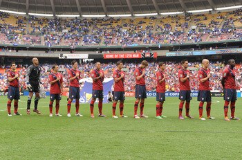 WASHINGTON, DC - JUNE 19:  The United States lined up for National Anthem  before match against Jamaica during the 2011 Gold Cup Quarterfinals on June 19, 2011 at RFK Stadium in Washington, D.C.  The United States won 2-0.  (Photo by Mitchell Layton/Getty