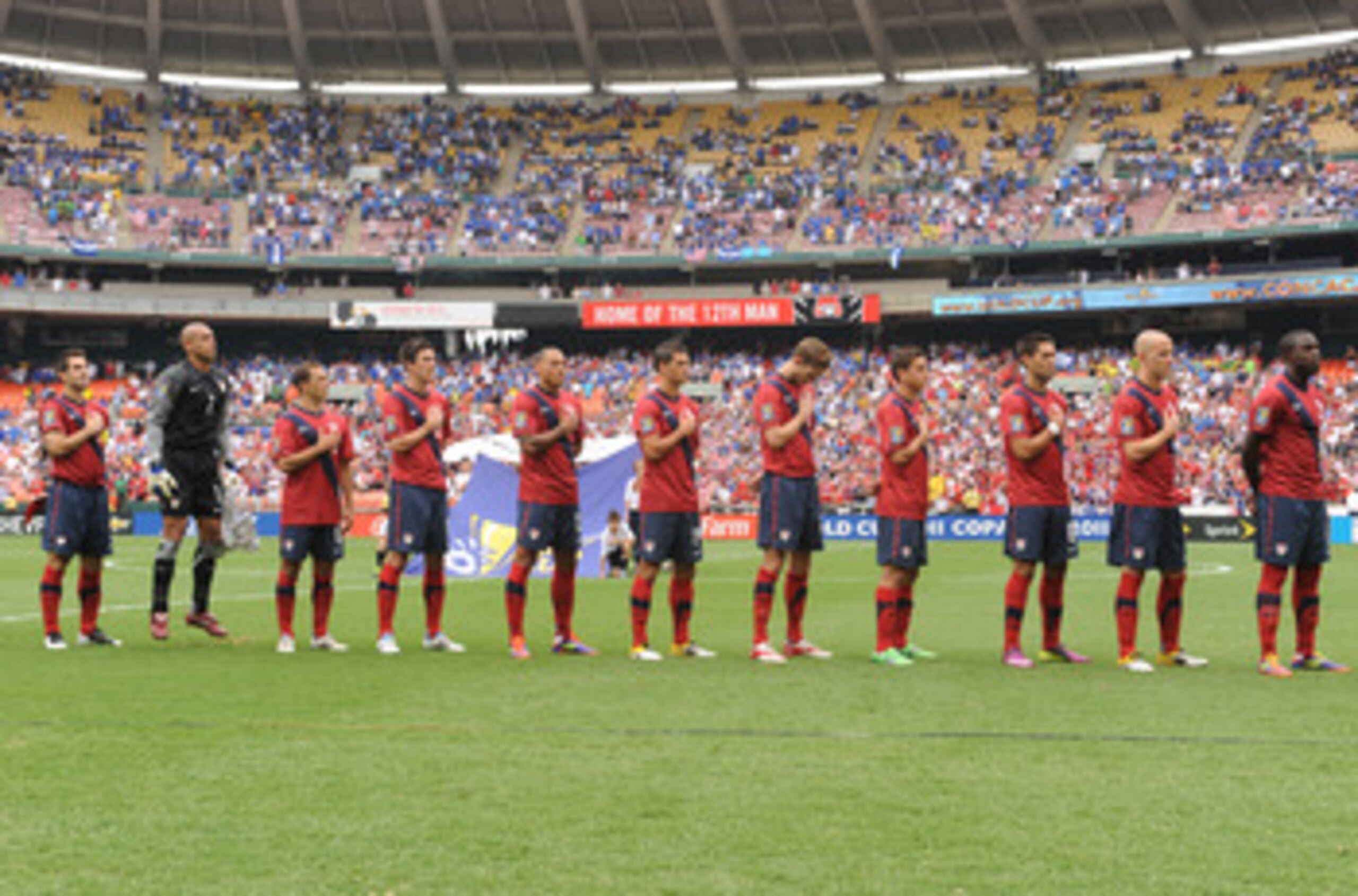 WASHINGTON, DC - JUNE 19: The United States lined up for National Anthem before match against Jamaica during the 2011 Gold Cup Quarterfinals on June 19, 2011 at RFK Stadium in Washington, D.C. The United States won 2-0. (Photo by Mitchell Layton/Getty WASHINGTON, DC - JUNE 19: The United States lined up for National Anthem before match against Jamaica during the 2011 Gold Cup Quarterfinals on June 19, 2011 at RFK Stadium in Washington, D.C. The United States won 2-0. (Photo by Mitchell Layton/Getty