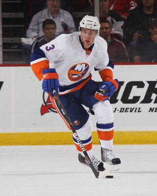 NEWARK, NJ - OCTOBER 01:  Calvin de Haan #3  of the New York Islanders skates against the New Jersey Devils at the Prudential Center on October 1, 2010 in Newark, New Jersey.The Devils defeated the Islanders 4-3.  (Photo by Bruce Bennett/Getty Images)