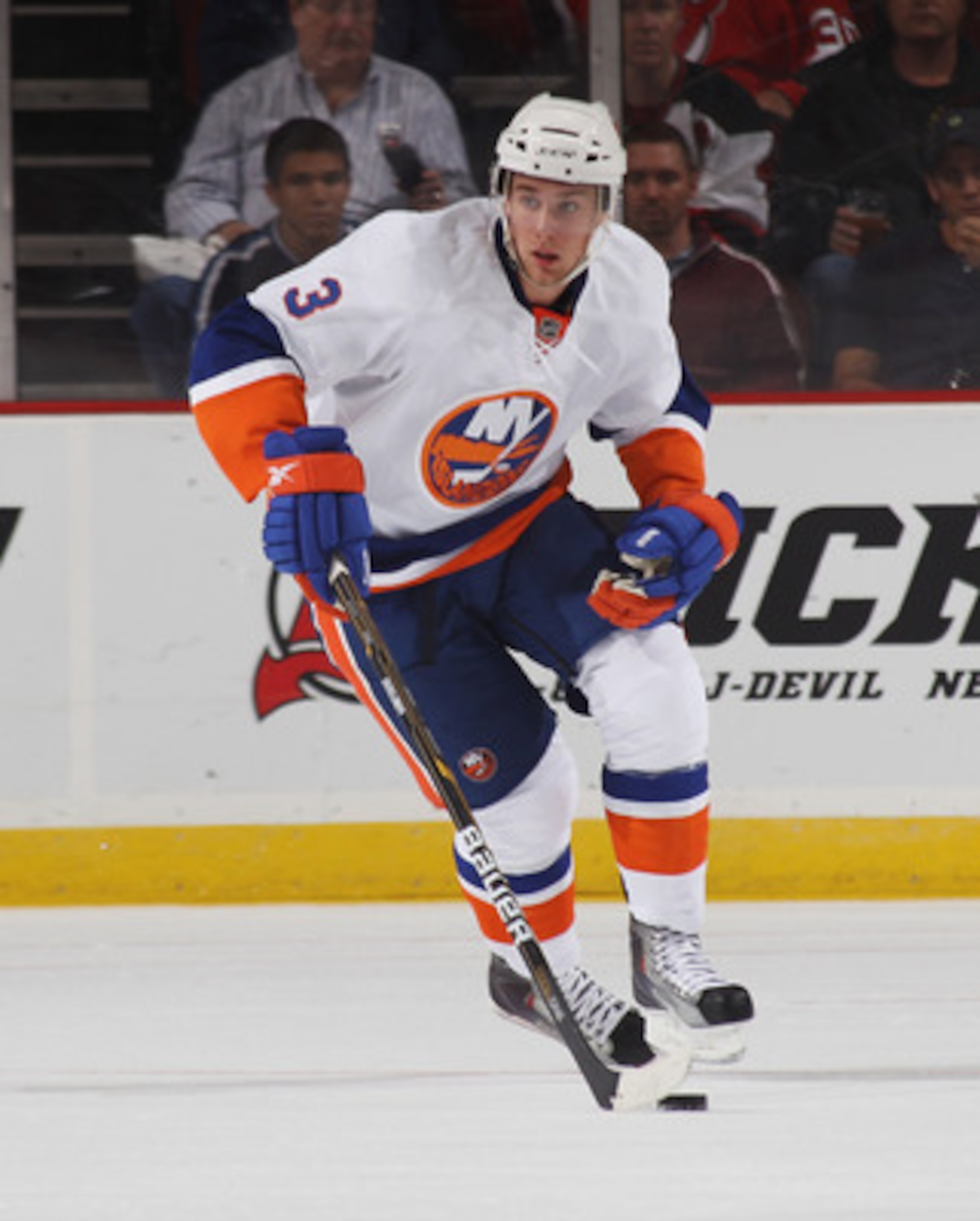 NEWARK, NJ - OCTOBER 01: Calvin de Haan #3 of the New York Islanders skates against the New Jersey Devils at the Prudential Center on October 1, 2010 in Newark, New Jersey.The Devils defeated the Islanders 4-3. (Photo by Bruce Bennett/Getty Images) NEWARK, NJ - OCTOBER 01: Calvin de Haan #3 of the New York Islanders skates against the New Jersey Devils at the Prudential Center on October 1, 2010 in Newark, New Jersey.The Devils defeated the Islanders 4-3. (Photo by Bruce Bennett/Getty Images)