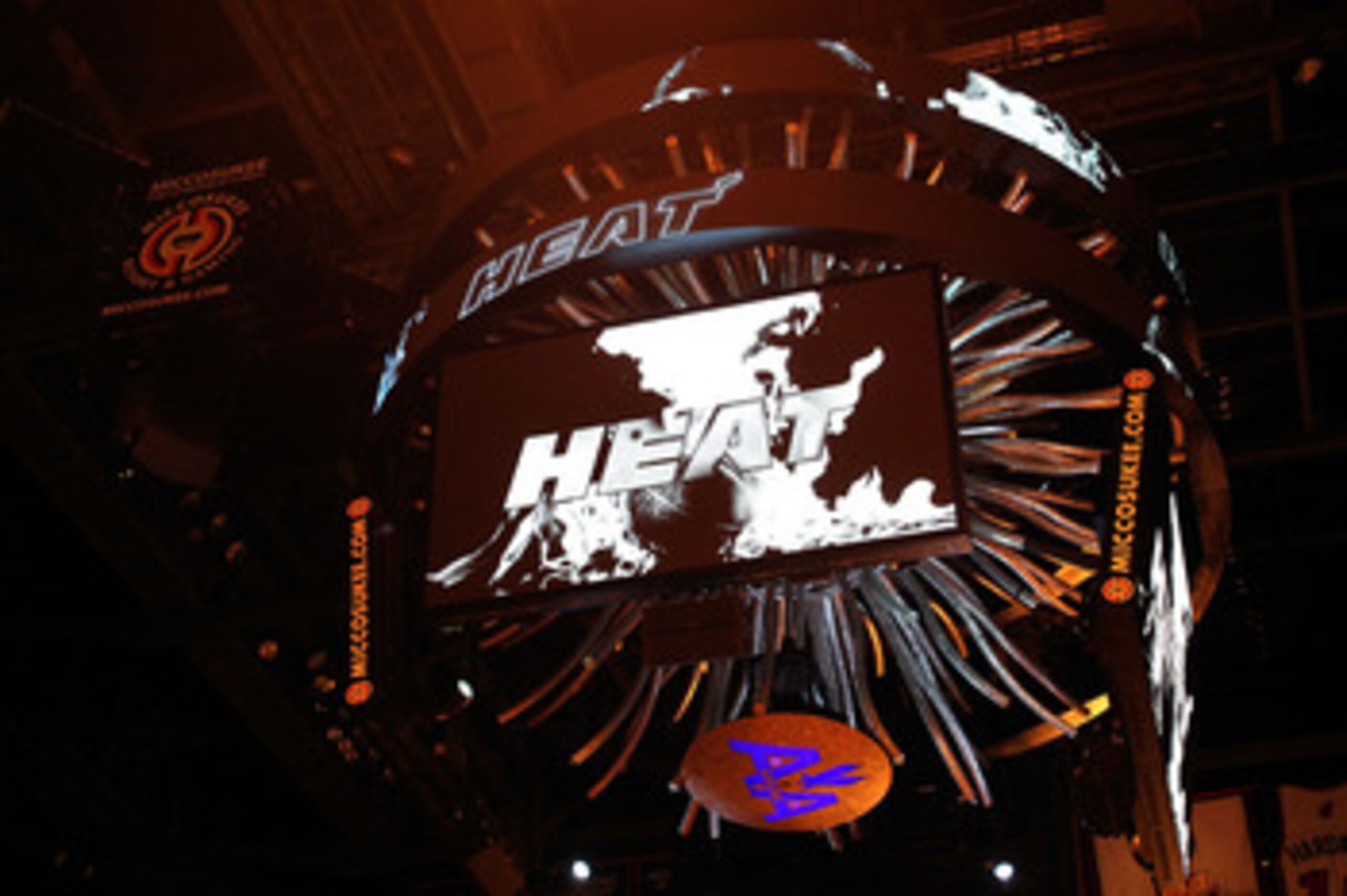 MIAMI, FL - JUNE 02:  The scoreboard is seen flashing the Miami Heat logo in Game Two of the 2011 NBA Finals at American Airlines Arena on June 2, 2011 in Miami, Florida. NOTE TO USER: User expressly acknowledges and agrees that, by downloading and/or usi