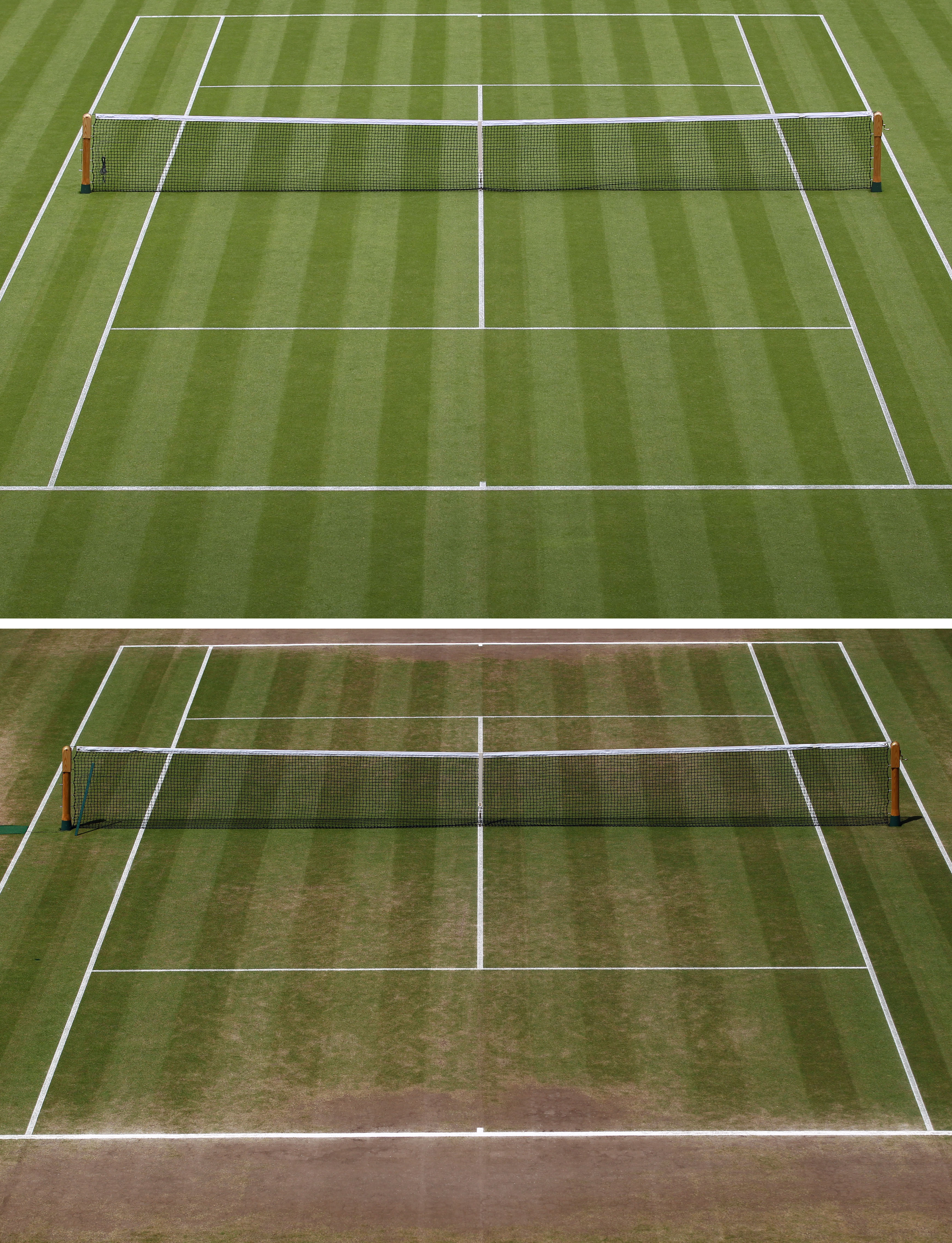 LONDON, ENGLAND - JULY 04:  (EDITORS NOTE: THIS IS A COMPOSITE IMAGE) Top image shows Centre Court on Day One and the bottom image shows Centre Court on the final day of the Wimbledon Lawn Tennis Championships at the All England Lawn Tennis and Croquet Cl
