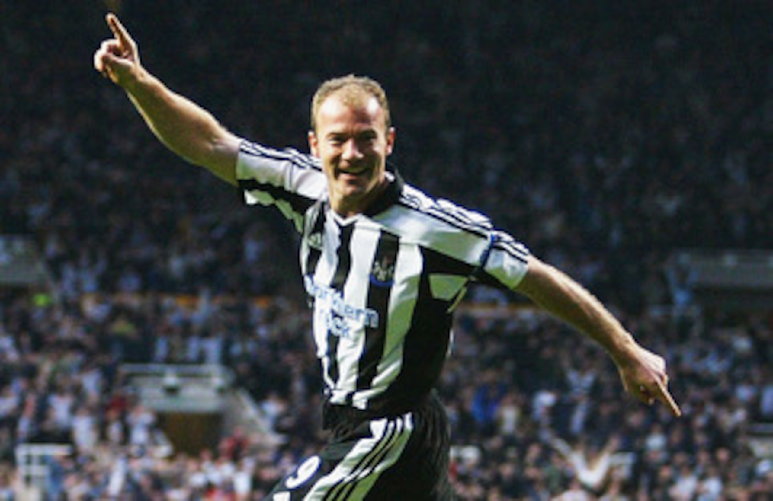 NEWCASTLE, ENGLAND - APRIL 14:  Alan Shearer of Newcastle United celebrates the first goal during the UEFA Cup Quarter Final Second Leg match between Newcastle United and PSV Eindhoven at St James Park, on April 14, 2004 in Newcastle, England.  (Photo by