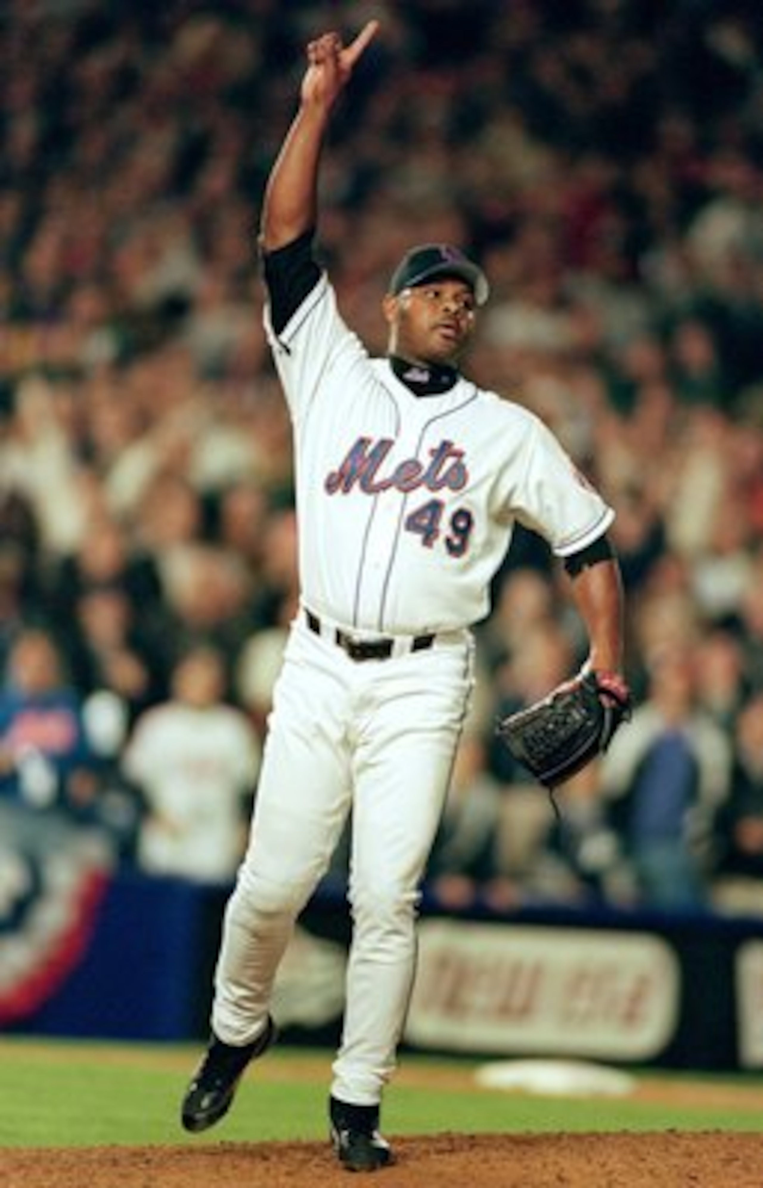 24 Oct 2000:  Pitcher #49 Armando Benitez celebrates the final out against the New York Yankees during Game 3 of the MLB World Series at Shea Stadium in Flushing, New York. The Mets defeated the Yankees 4-2. Mandatory Credit: Al Bello/ALLSPORT
