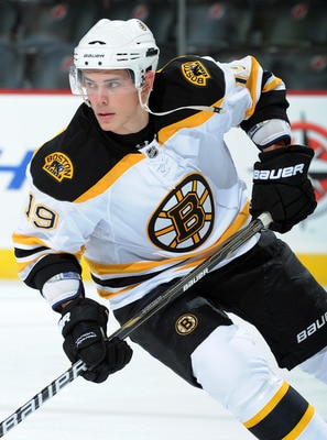 NEWARK, NJ - OCTOBER 16: Tyler Seguin #19 of the Boston Bruins skates during the pre-game warm up prior to the game against the New Jersey Devils at the Prudential Center on October 16, 2010 in Newark, New Jersey. The Bruins defeated the Devils 4-1. (Phot