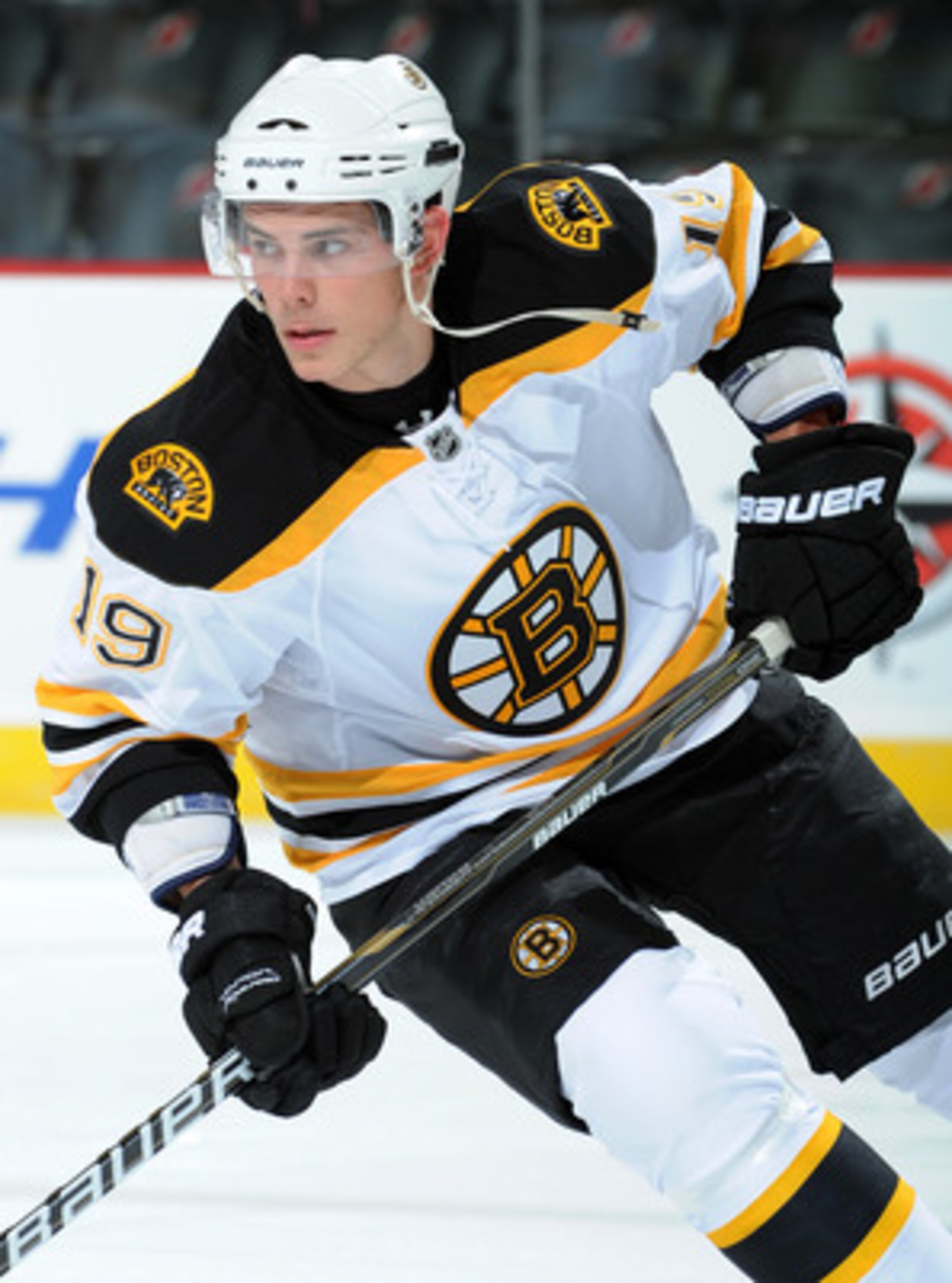 NEWARK, NJ - OCTOBER 16: Tyler Seguin #19 of the Boston Bruins skates during the pre-game warm up prior to the game against the New Jersey Devils at the Prudential Center on October 16, 2010 in Newark, New Jersey. The Bruins defeated the Devils 4-1. (Phot
