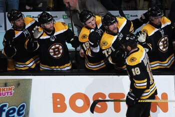 BOSTON, MA - MAY 27:  Nathan Horton #18 of the Boston Bruins celebrates his third period goal with teammates in Game Seven of the Eastern Conference Finals during the 2011 NHL Stanley Cup Playoffs at TD Garden on May 27, 2011 in Boston, Massachusetts.  (P