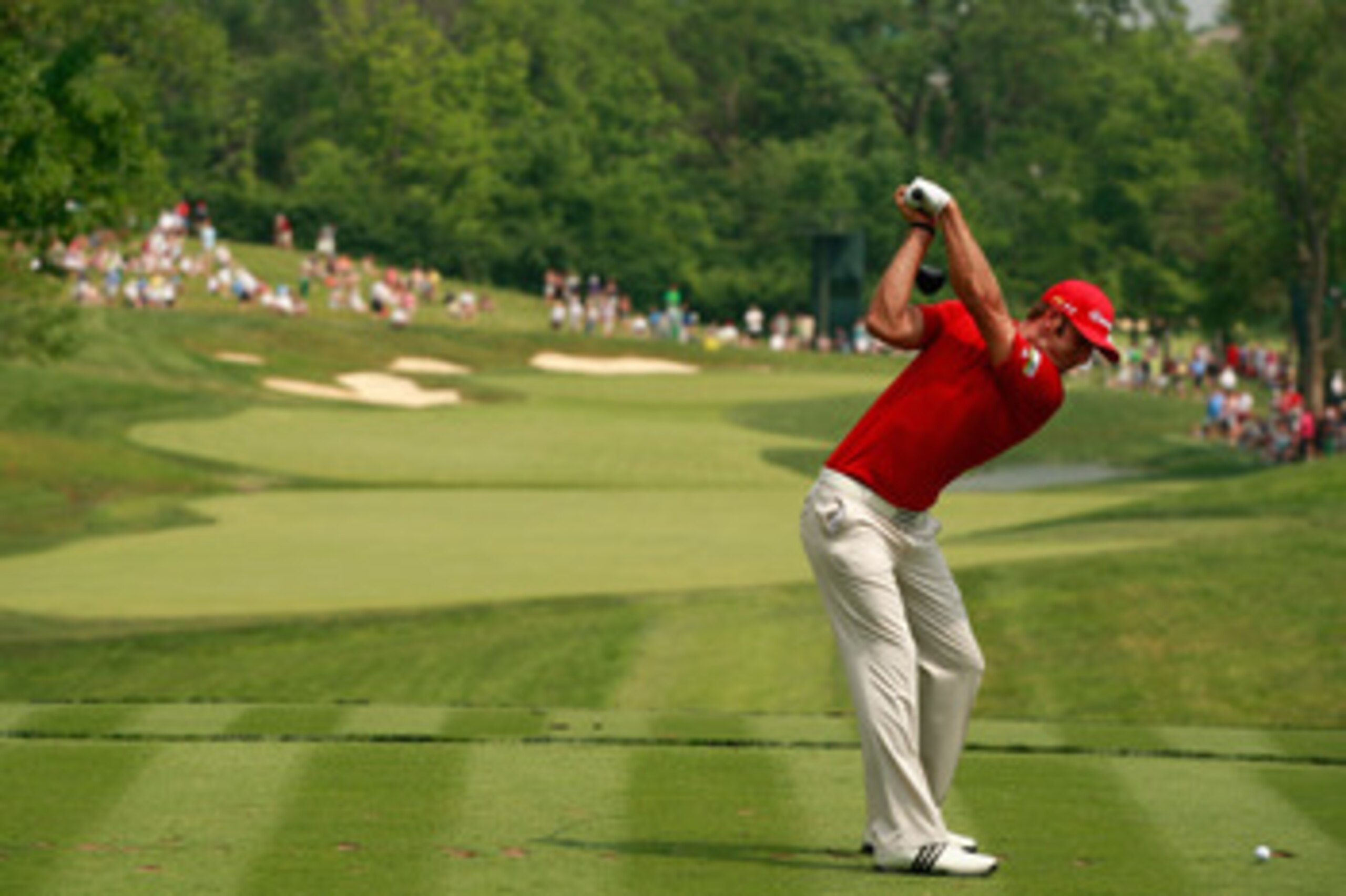 DUBLIN, OH - JUNE 04:  Dustin Johnson hits his tee shot on the 14th hole during the third round of the Memorial Tournament presented by Nationwide Insurance at the Muirfield Village Golf Club on June 4, 2011 in Dublin, Ohio.  (Photo by Scott Halleran/Gett