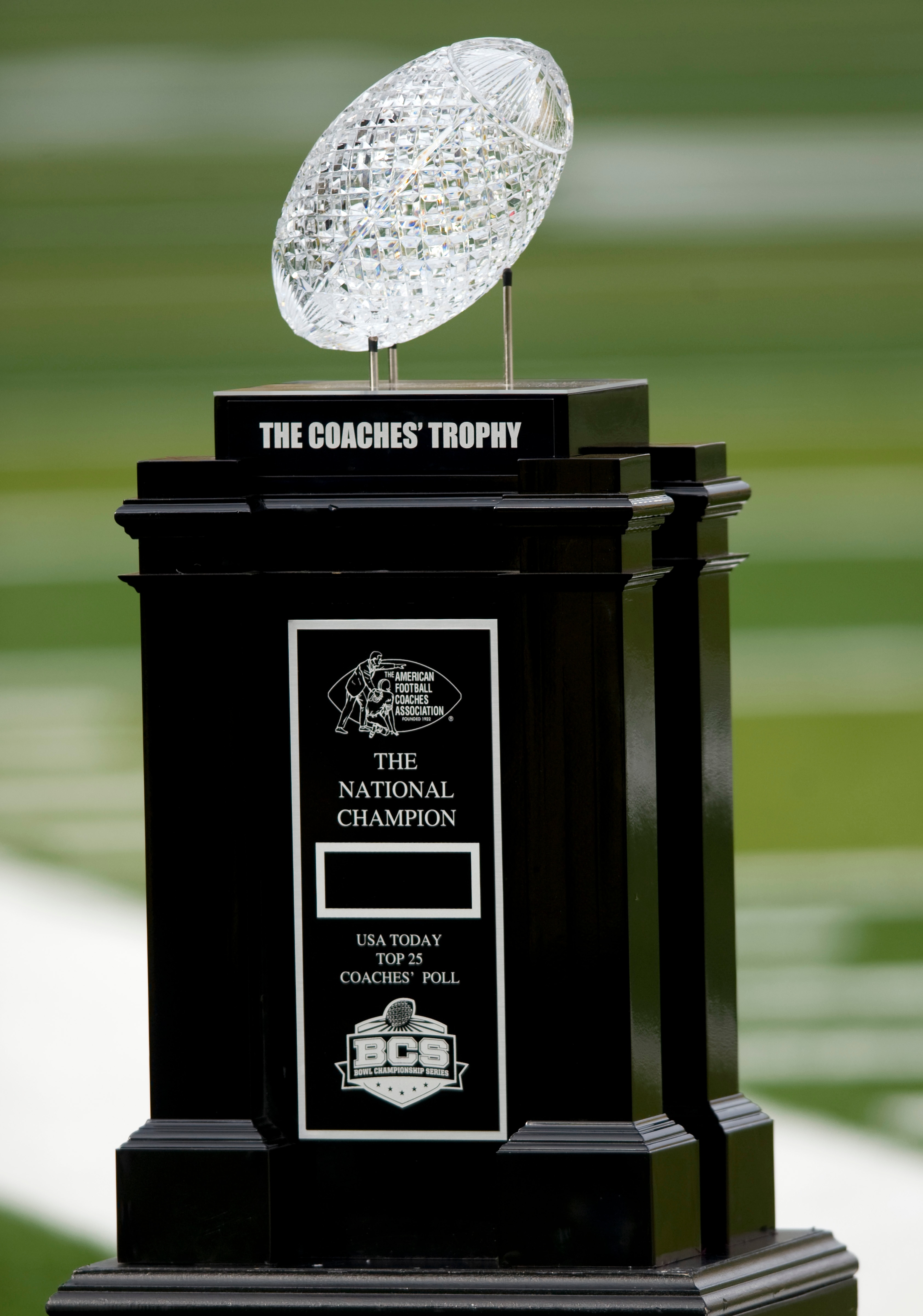 EUGENE, OR - NOVEMBER 06: The AFCA National Championship Trophy is displayed on the the field before the game between the Oregon Ducks and the Washington Huskies at Autzen Stadium on November 6, 2010 in Eugene, Oregon. (Photo by Steve Dykes/Getty Images)