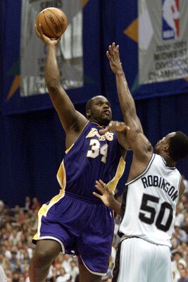 21 May 2001:  Shaquille O''Neal #34 of the Los Angeles Lakers puts a shot up against David Robinson #50 of the San Antonio Spurs in game two of the western conference finals at the Alamodome in San Antonio, Texas.  The Lakers won 88-81.  DIGITAL IMAGE. Ma