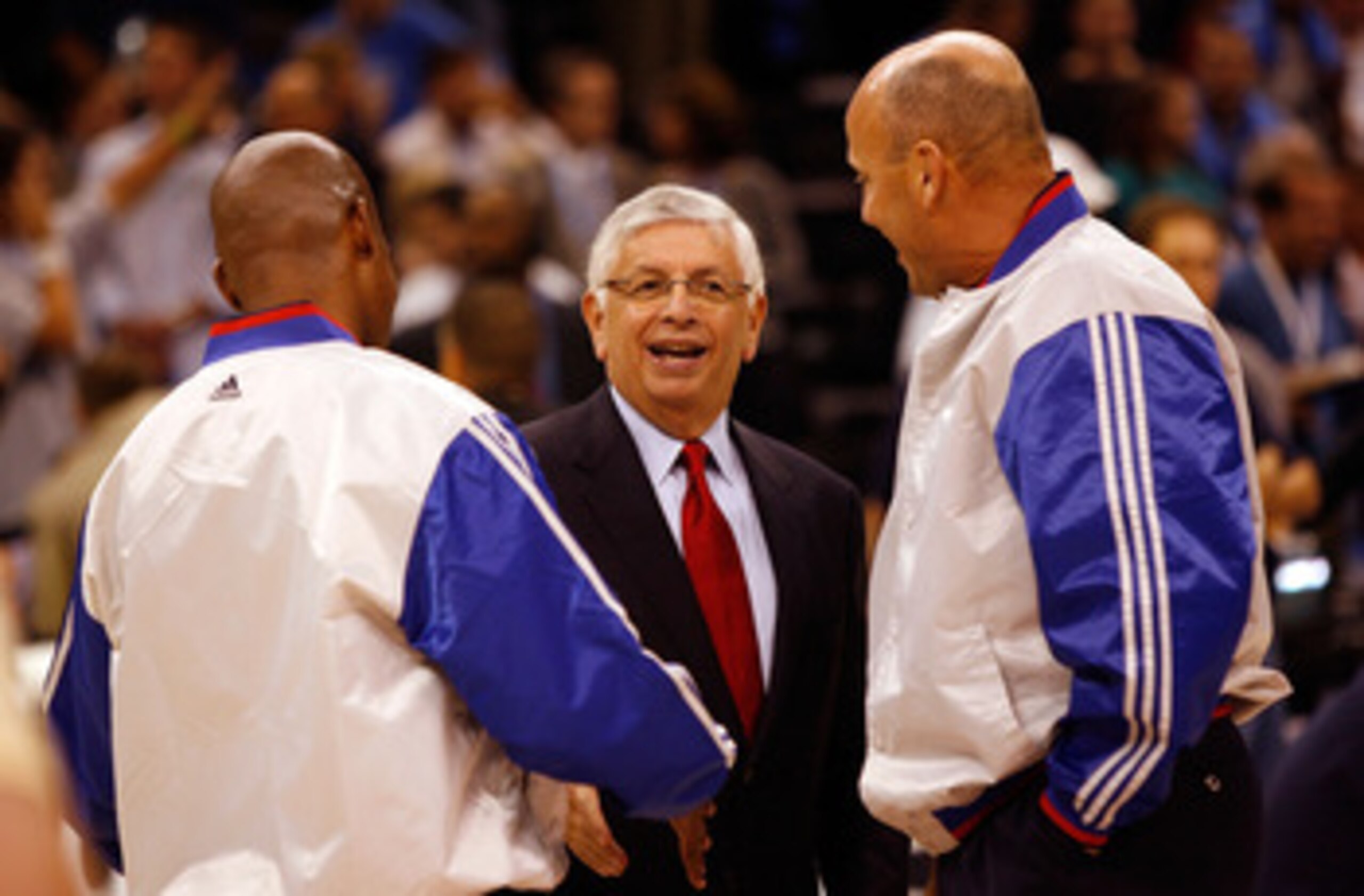 OKLAHOMA CITY - OCTOBER 29:  NBA Commissioner David Stern (C) talks with referees before the Milwaukee Bucks play the Oklahoma City Thunder at the Ford Center on October 29, 2008 in Oklahoma City, Oklahoma. NOTE TO USER: User expressly acknowledges and ag