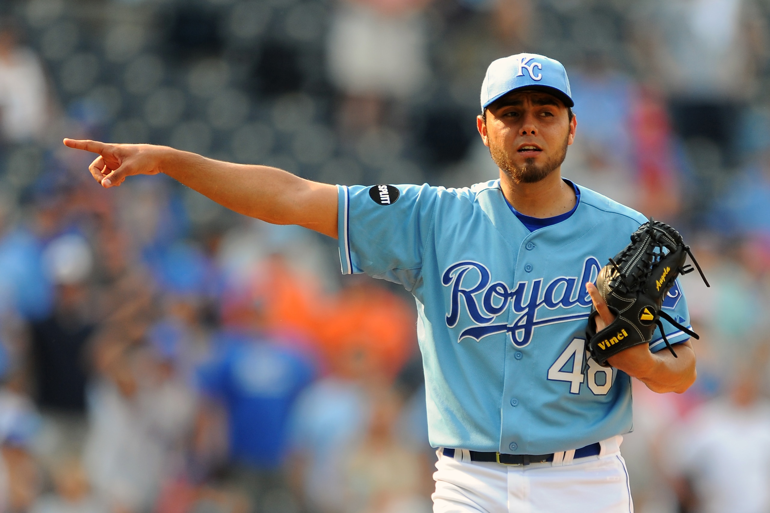 KANSAS CITY, MO - JUNE 9:  Joakim Soria #48 of the Kansas City Royals appeals to first base for a call in the ninth inning against the Toronto Blue Jays at Kauffman Stadium on June 9, 2011 in Kansas City, Missouri. The Royals defeated the Blue Jays 3-2. (
