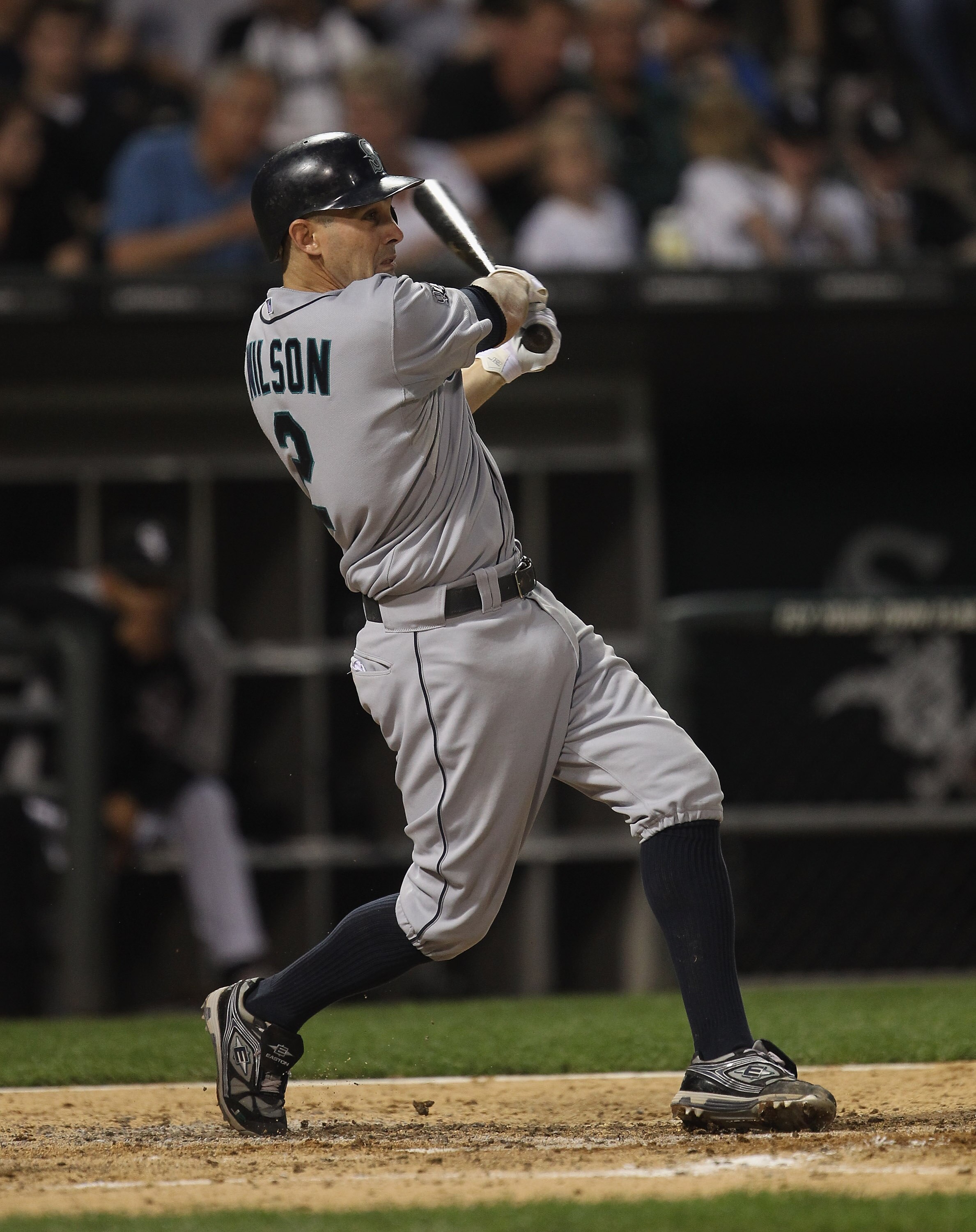 CHICAGO, IL - JUNE 06:  Jack Wilson #44 of the Seattle Mariners hits the ball against the Chicago White Sox at U.S. Cellular Field on June 6, 2011 in Chicago, Illinois. The White Sox defeated the Mariners 3-1.  (Photo by Jonathan Daniel/Getty Images)