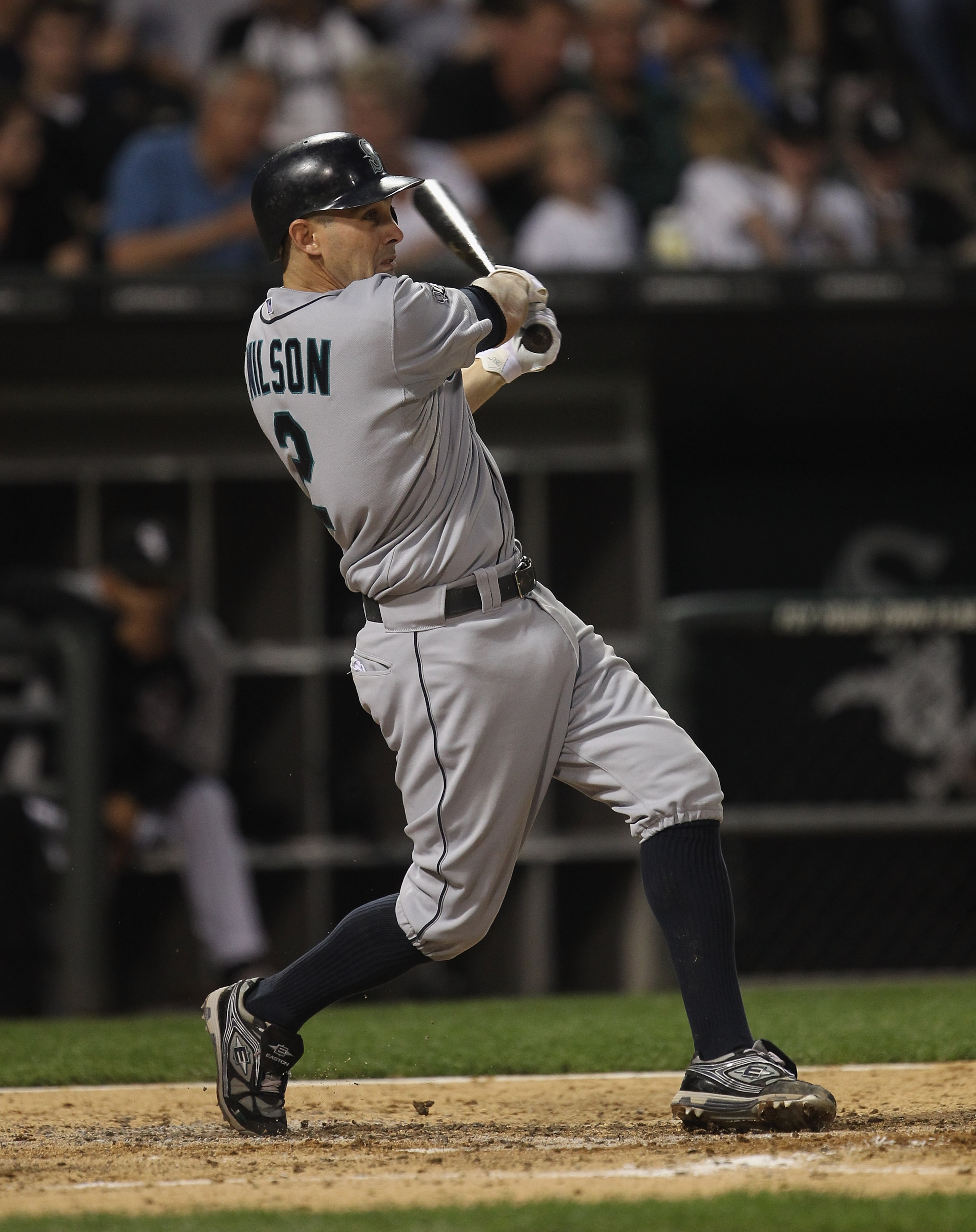 CHICAGO, IL - JUNE 06:  Jack Wilson #44 of the Seattle Mariners hits the ball against the Chicago White Sox at U.S. Cellular Field on June 6, 2011 in Chicago, Illinois. The White Sox defeated the Mariners 3-1.  (Photo by Jonathan Daniel/Getty Images)