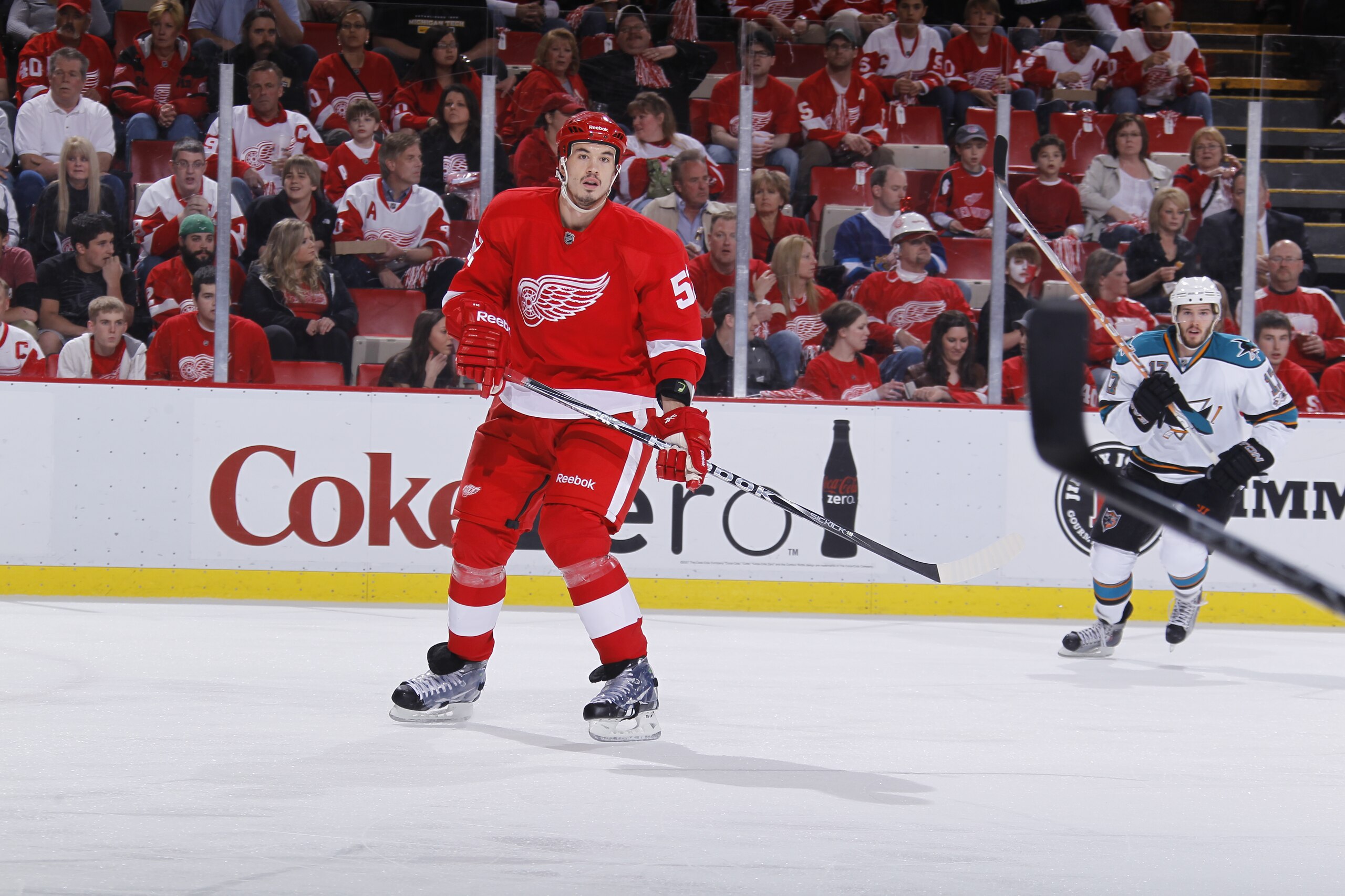 DETROIT - MAY 6: Jonathan Ericsson #52 of the Detroit Red Wings skates against the San Jose Sharks in Game Four of the Western Conference Semifinals during the 2011 NHL Stanley Cup Playoffs on May 6, 2011 at Joe Louis Arena in Detroit, Michigan. (Photo by