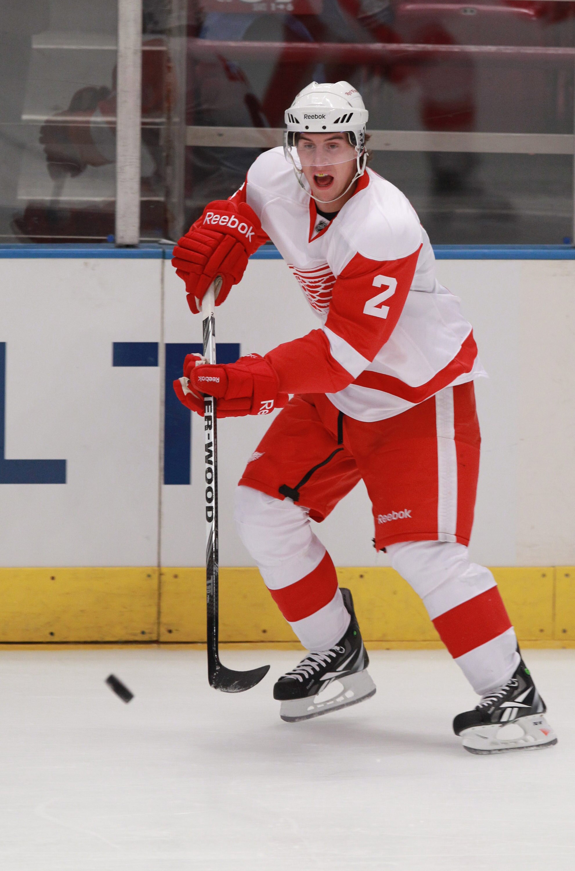 NEW YORK - SEPTEMBER 29: Brendan Smith #2 of the Detroit Red Wings skates against the New York Rangers at Madison Square Garden on September 29, 2010 in New York City. The Rangers defeated the Red Wings 5-1. (Photo by Bruce Bennett/Getty Images)