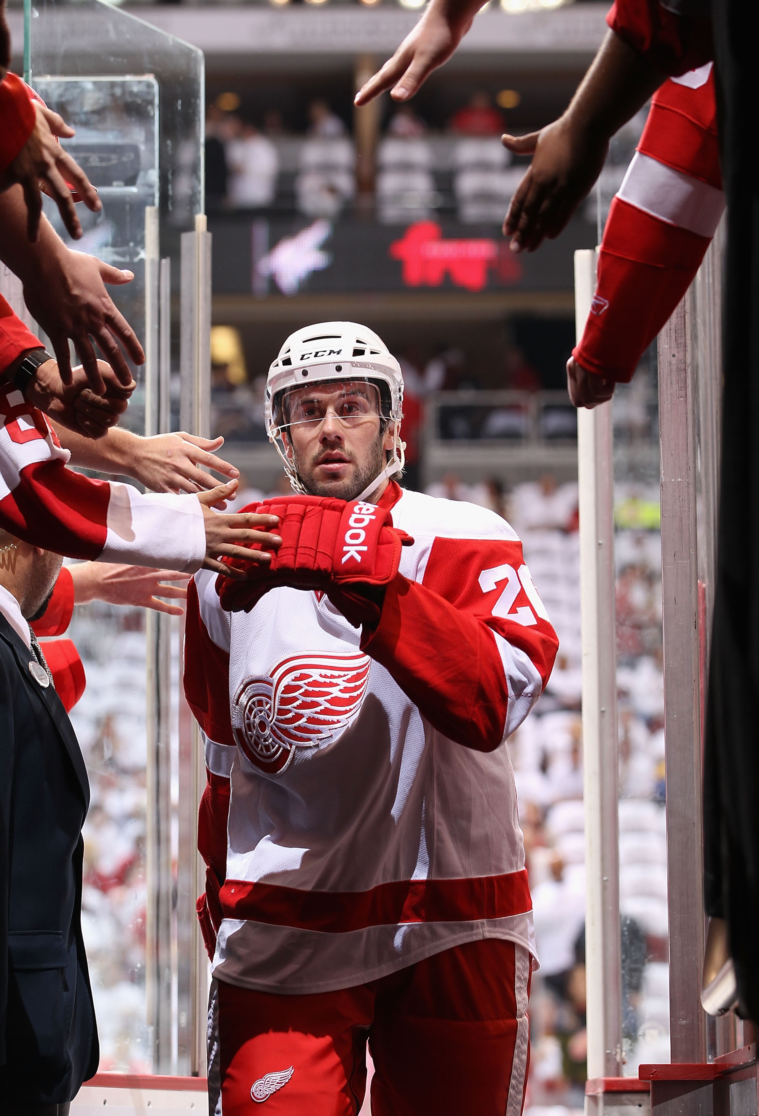 GLENDALE, AZ - APRIL 18:  Drew Miller #20 of the Detroit Red Wings walks off the ice after warm ups to Game Three of the Western Conference Quarterfinals against the Phoenix Coyotes during the 2011 NHL Stanley Cup Playoffs at Jobing.com Arena on April 18,