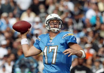 SAN DIEGO - DECEMBER 5: Quarterback Philip Rivers #17 of the San Diego Chargers throws the ball from the pocket against the Oakland Raiders during their NFL game at Qualcomm Stadium on December 5, 2010 in San Diego, California. (Photo by Donald Miralle/Ge
