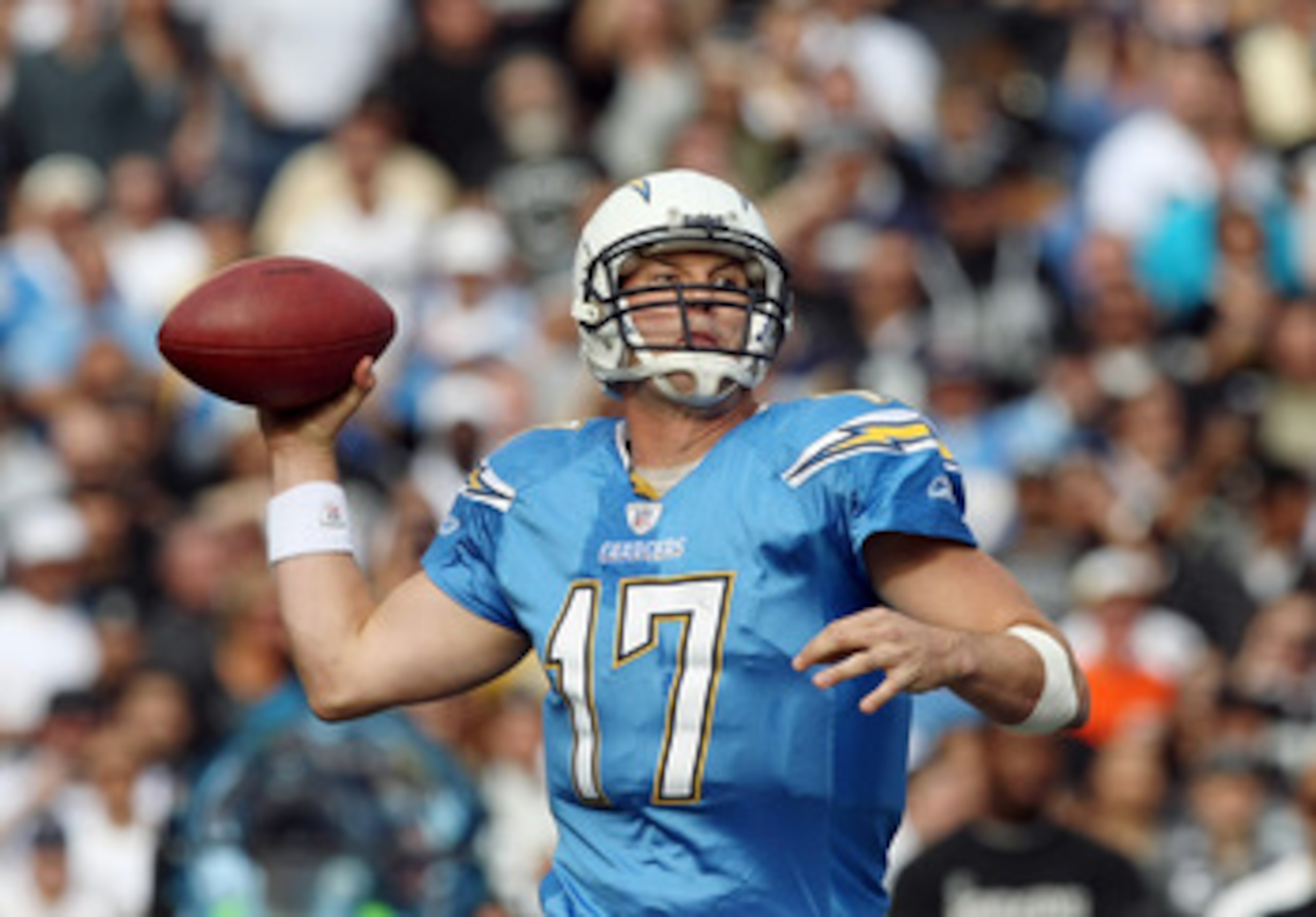 SAN DIEGO - DECEMBER 5: Quarterback Philip Rivers #17 of the San Diego Chargers throws the ball from the pocket against the Oakland Raiders during their NFL game at Qualcomm Stadium on December 5, 2010 in San Diego, California. (Photo by Donald Miralle/Ge SAN DIEGO - DECEMBER 5: Quarterback Philip Rivers #17 of the San Diego Chargers throws the ball from the pocket against the Oakland Raiders during their NFL game at Qualcomm Stadium on December 5, 2010 in San Diego, California. (Photo by Donald Miralle/Ge