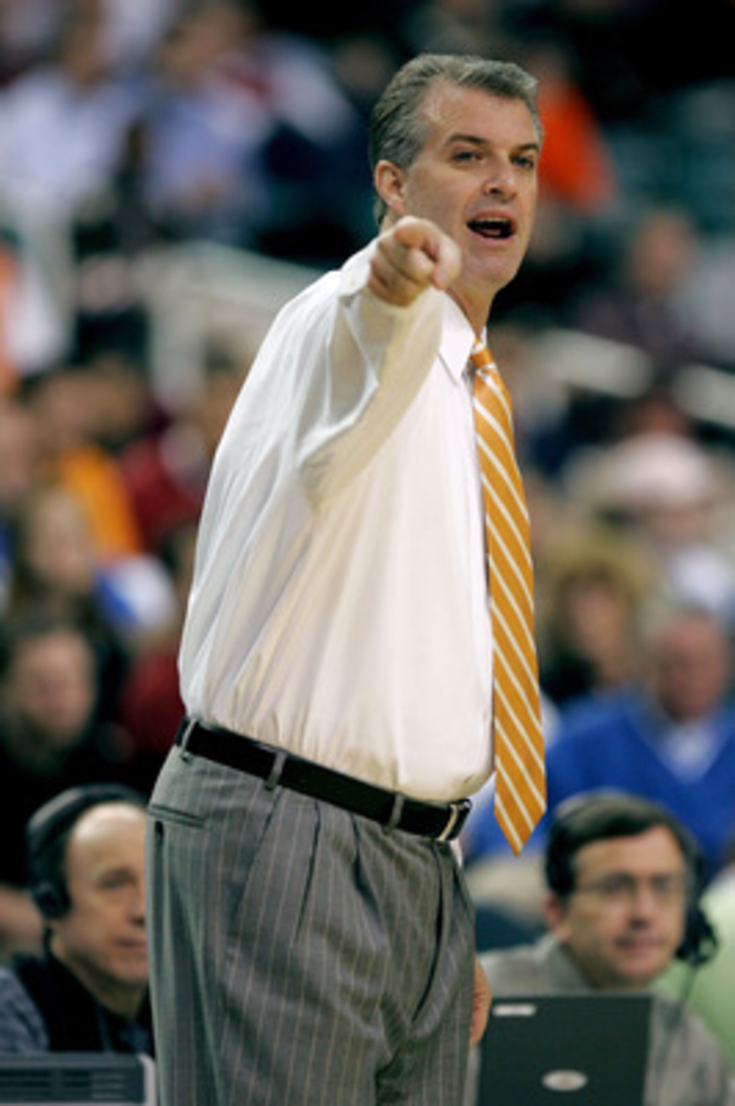 ATLANTA - MARCH 10:  Head coach Buzz Peterson of the Tennessee Volunteers points to the court during the first round of the SEC Men's Basketball Tournament against the Arkansas Razorbacks at the Georgia Dome on March 10, 2005 in Atlanta, Georgia. (Photo b
