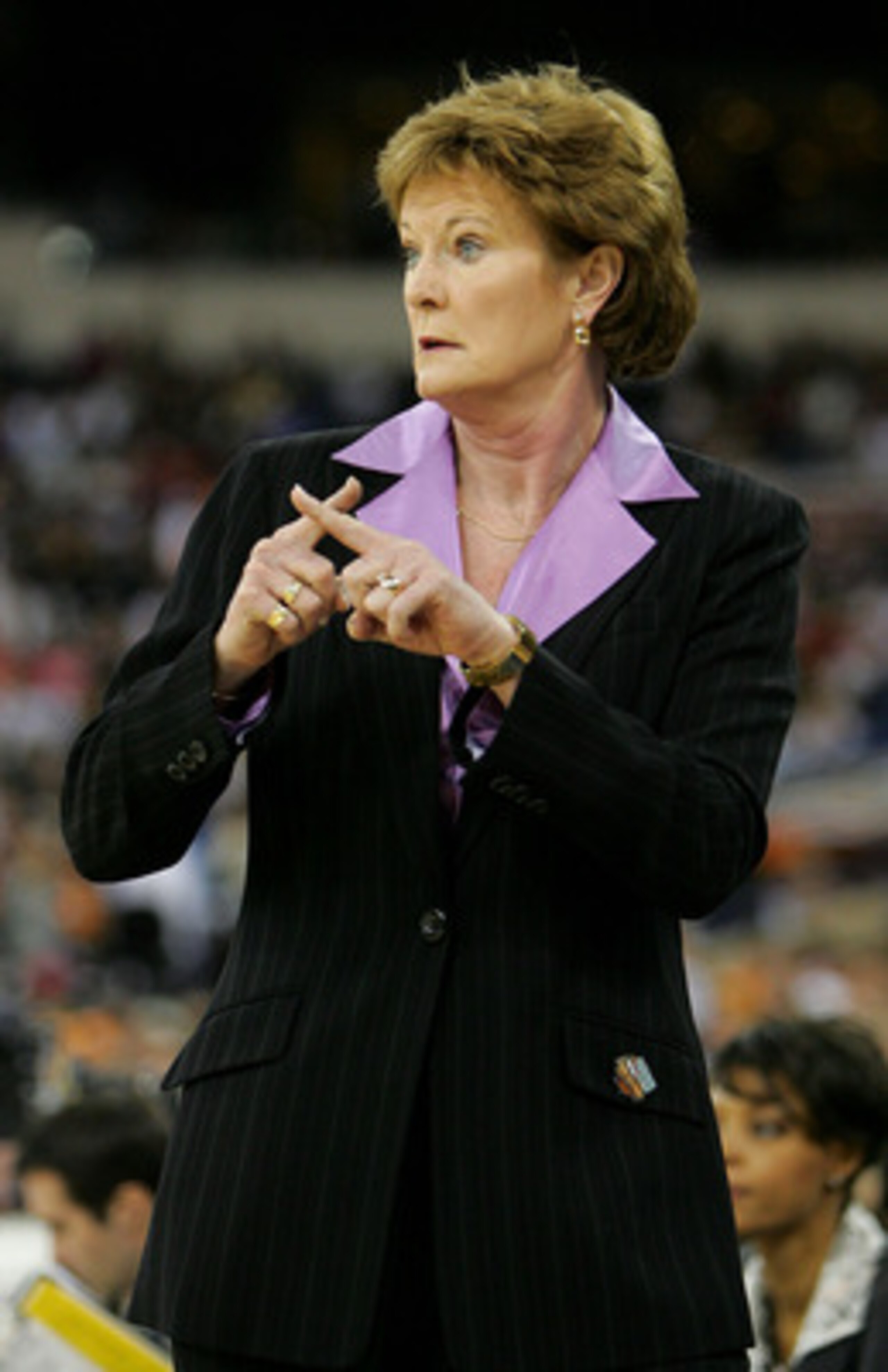 INDIANAPOLIS - APRIL 03:  Head coach Pat Summitt of the Tennessee Lady Vols calls a play in the game against the Michigan State Spartans in the Semifinal game of the Women's NCAA Basketball Championship on April 3, 2005 at the RCA Dome in Indianapolis, In