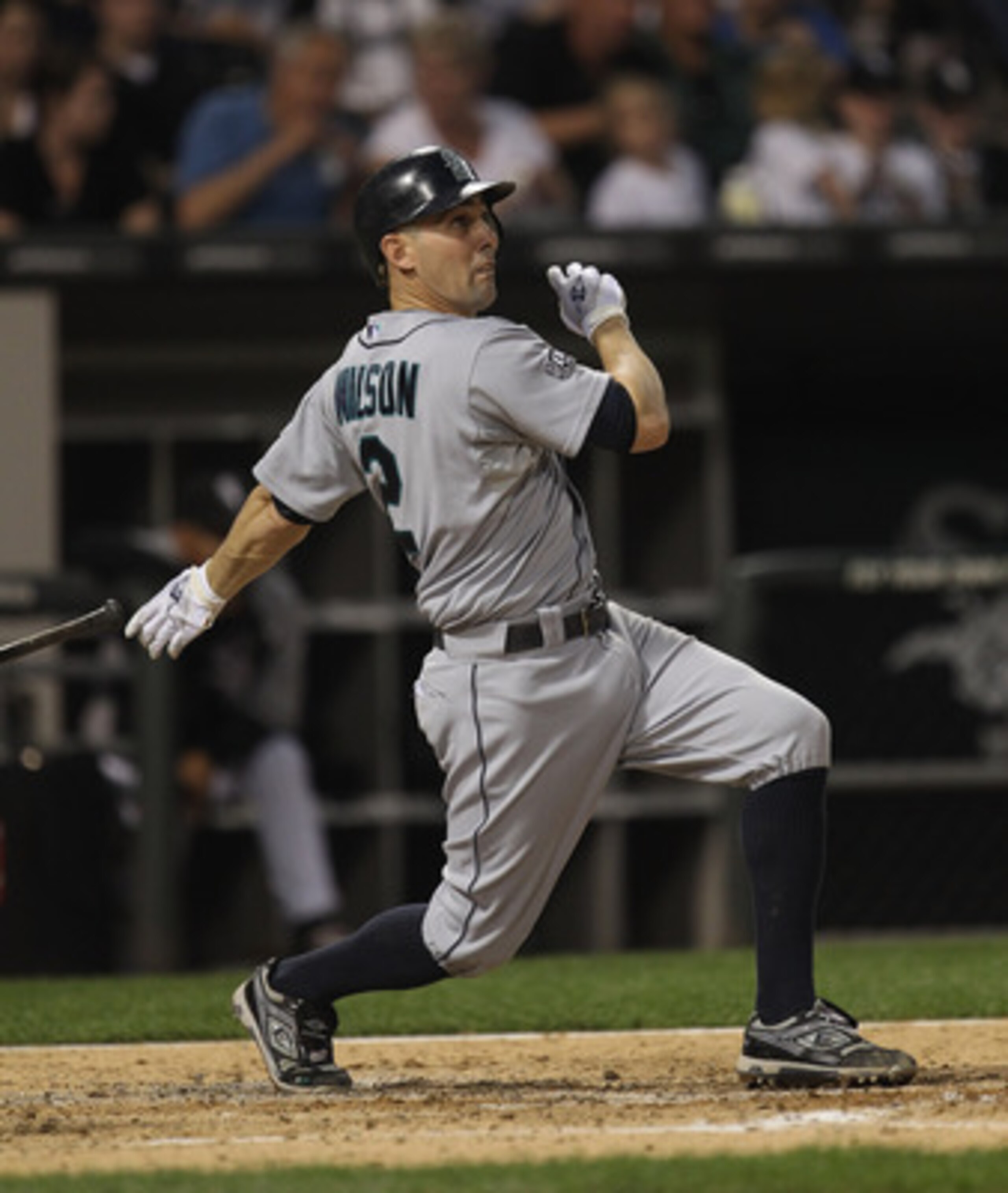 CHICAGO, IL - JUNE 06:  Jack Wilson #44 of the Seattle Mariners hits the ball against the Chicago White Sox at U.S. Cellular Field on June 6, 2011 in Chicago, Illinois. The White Sox defeated the Mariners 3-1.  (Photo by Jonathan Daniel/Getty Images)