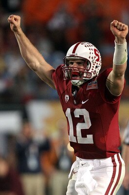MIAMI, FL - JANUARY 03:  Andrew Luck #12 of the Stanford Cardinal celebrates after he threw a 38-yard touchdown pass in the fourth quarter against the Virginai Tech Hokies during the 2011 Discover Orange Bowl at Sun Life Stadium on January 3, 2011 in Miam