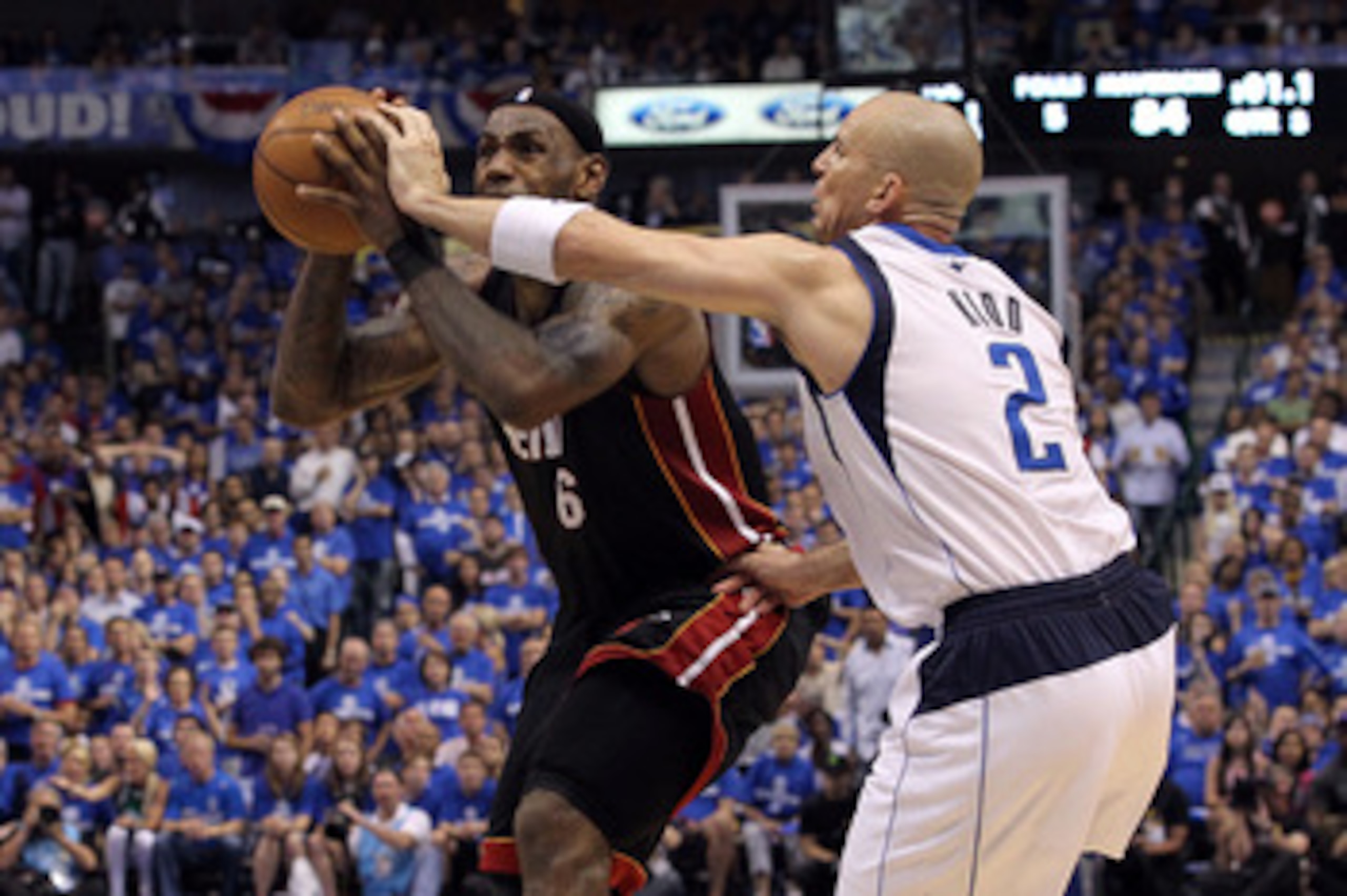 DALLAS, TX - JUNE 09:  LeBron James #6 of the Miami Heat drives against Jason Kidd #2 of the Dallas Mavericks in the second half of Game Five of the 2011 NBA Finals at American Airlines Center on June 9, 2011 in Dallas, Texas.  NOTE TO USER: User expressl