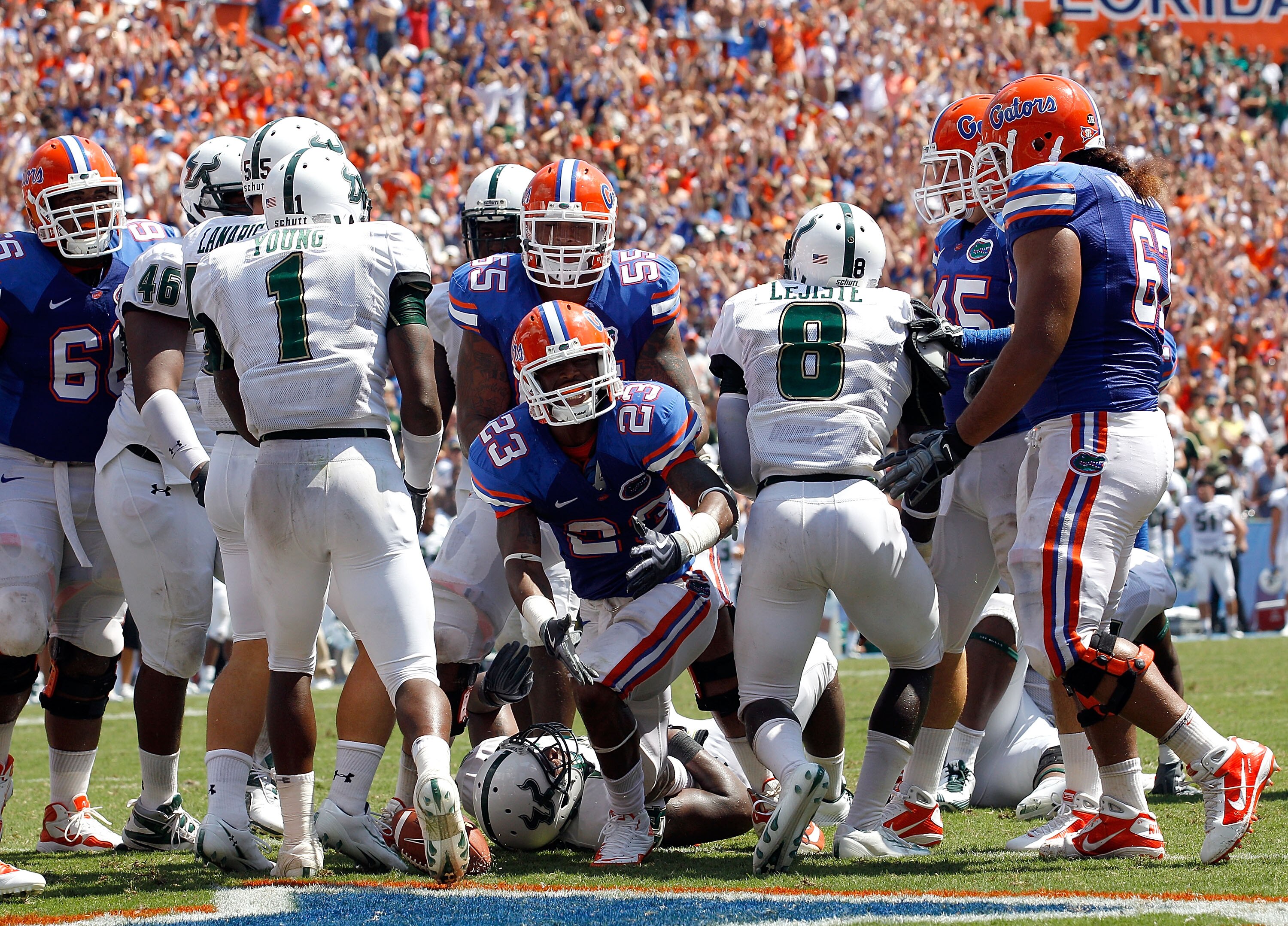 GAINESVILLE, FL - SEPTEMBER 11:  Mike Gillislee #23 of the Florida Gators celebrates after scoring a touchdown during a game against the South Florida Bulls at Ben Hill Griffin Stadium on September 11, 2010 in Gainesville, Florida.  (Photo by Sam Greenwoo