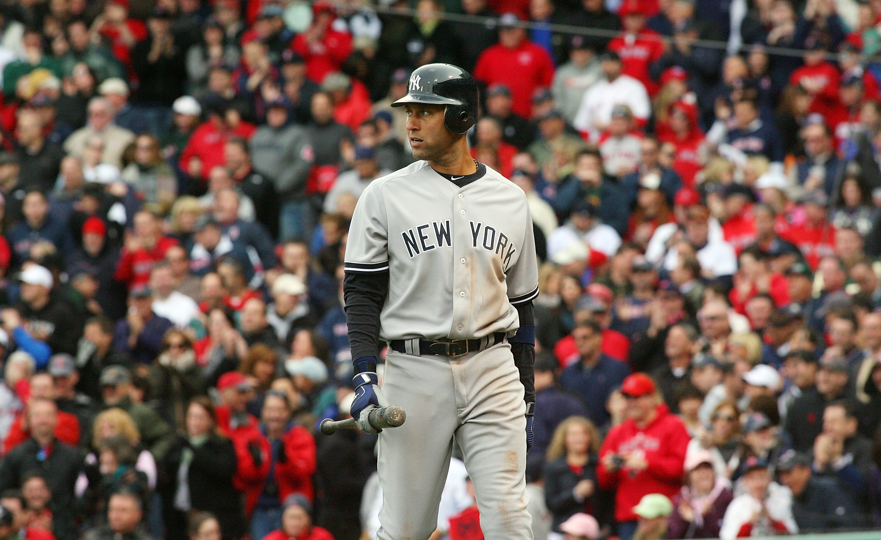 BOSTON, MA - APRIL 8:   Derek Jeter #2 of the New York Yankees reacts after striking out in the top of the ninth inning against the Boston Red Sox during Opening Day at Fenway Park on April 8, 2011 in Boston, Massachusetts. (Photo by Gail Oskin/Getty Imag