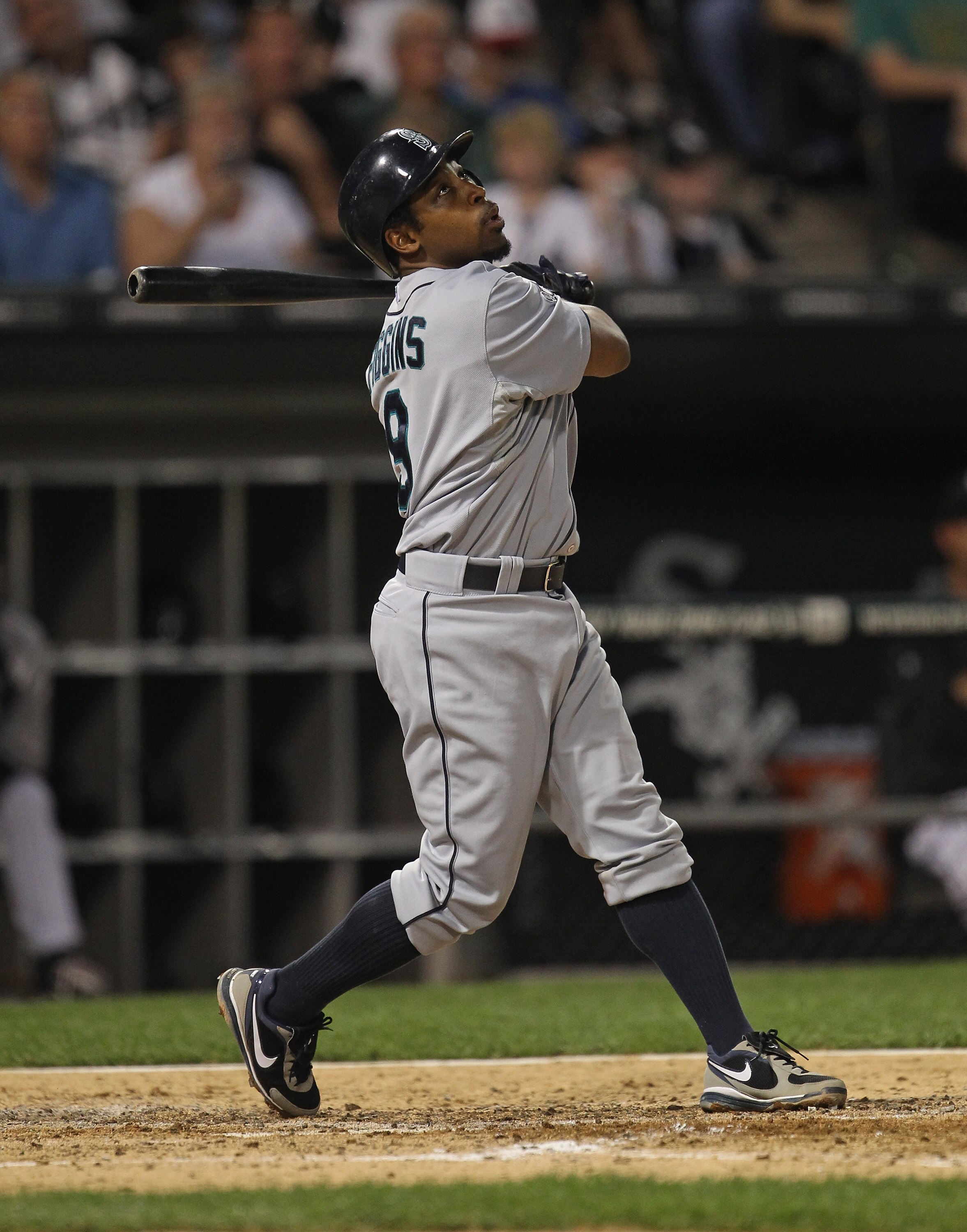 CHICAGO, IL - JUNE 06:  Chone Figgins #9 of the Seattle Mariners hits the ball against the Chicago White Sox at U.S. Cellular Field on June 6, 2011 in Chicago, Illinois. The White Sox defeated the Mariners 3-1.  (Photo by Jonathan Daniel/Getty Images)