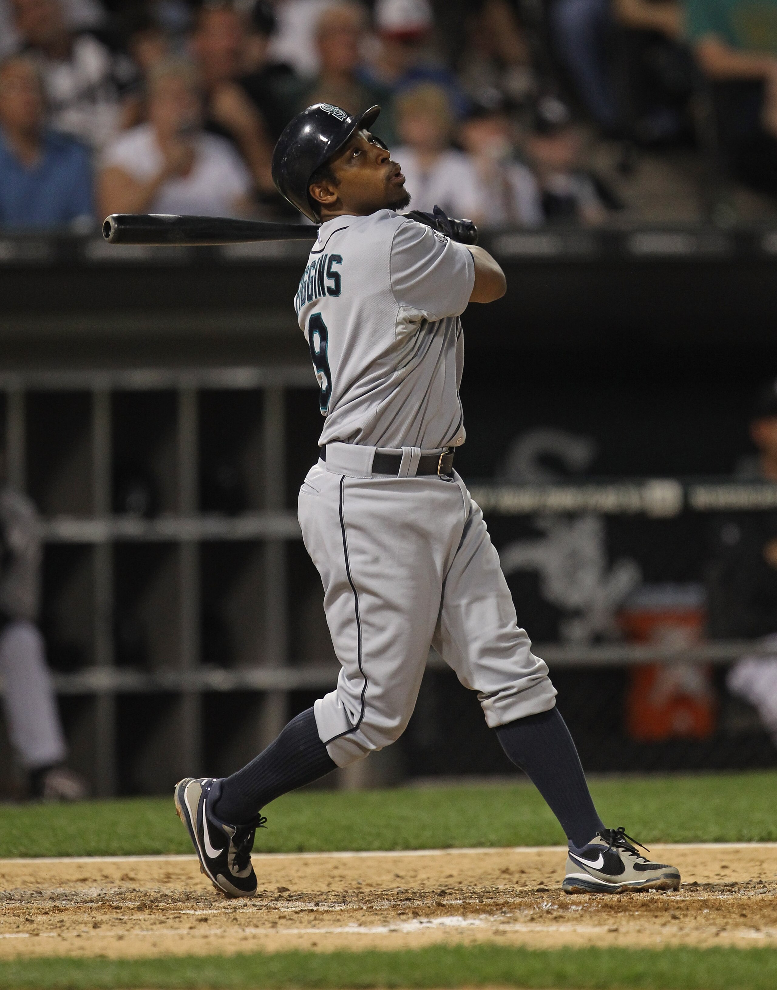 CHICAGO, IL - JUNE 06:  Chone Figgins #9 of the Seattle Mariners hits the ball against the Chicago White Sox at U.S. Cellular Field on June 6, 2011 in Chicago, Illinois. The White Sox defeated the Mariners 3-1.  (Photo by Jonathan Daniel/Getty Images)