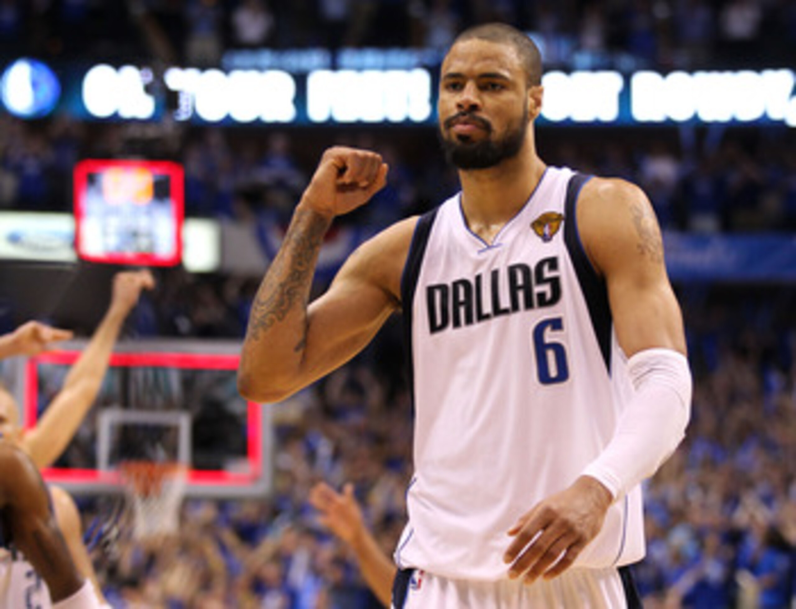 DALLAS, TX - JUNE 09:  Tyson Chandler #6 of the Dallas Mavericks reacts after the Mavericks defeated the Miami Heat 112-103 in Game Five of the 2011 NBA Finals at American Airlines Center on June 9, 2011 in Dallas, Texas.  NOTE TO USER: User expressly ack