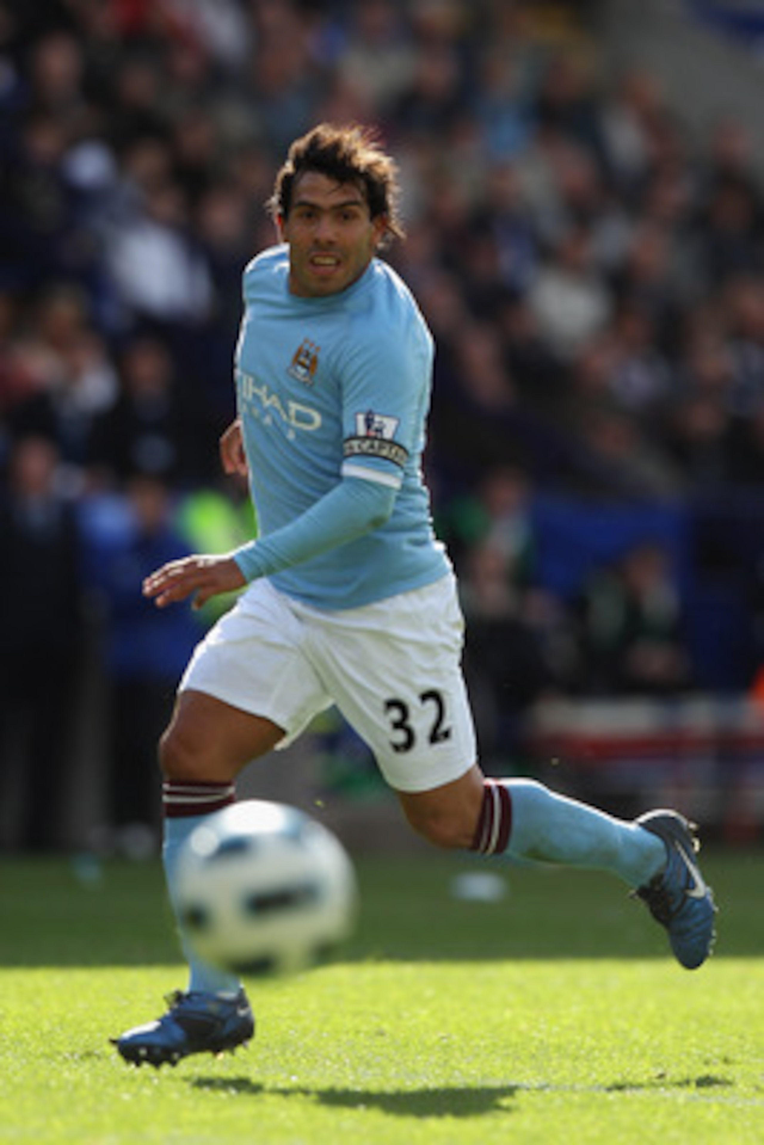 BOLTON, ENGLAND - MAY 22:  Carlos Tevez of Manchester City in action during the Barclays Premier League match between  Bolton Wanderers and Manchester City at the Reebok Stadium on May 22, 2011 in Bolton, England.  (Photo by Michael Steele/Getty Images)