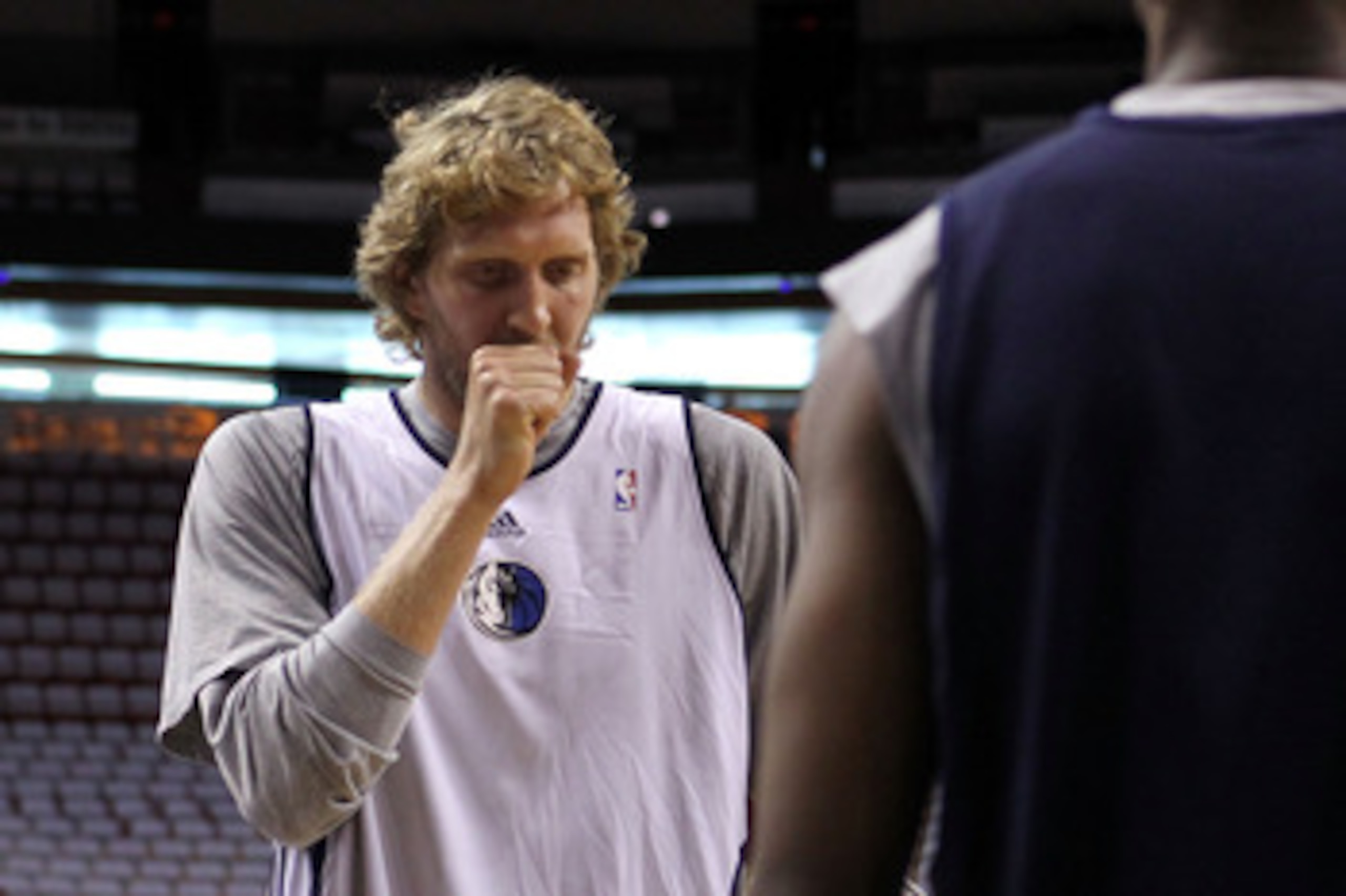 MIAMI, FL - JUNE 11:  Dirk Nowitzki #41 of the Dallas Mavericks caughs during practice prior to Game 6 of the 2011 NBA Finals against the Miami Heat at the American Airlines Arena on June 11, 2011 in miami, Florida. Game 6 will be played on June 12. NOTE
