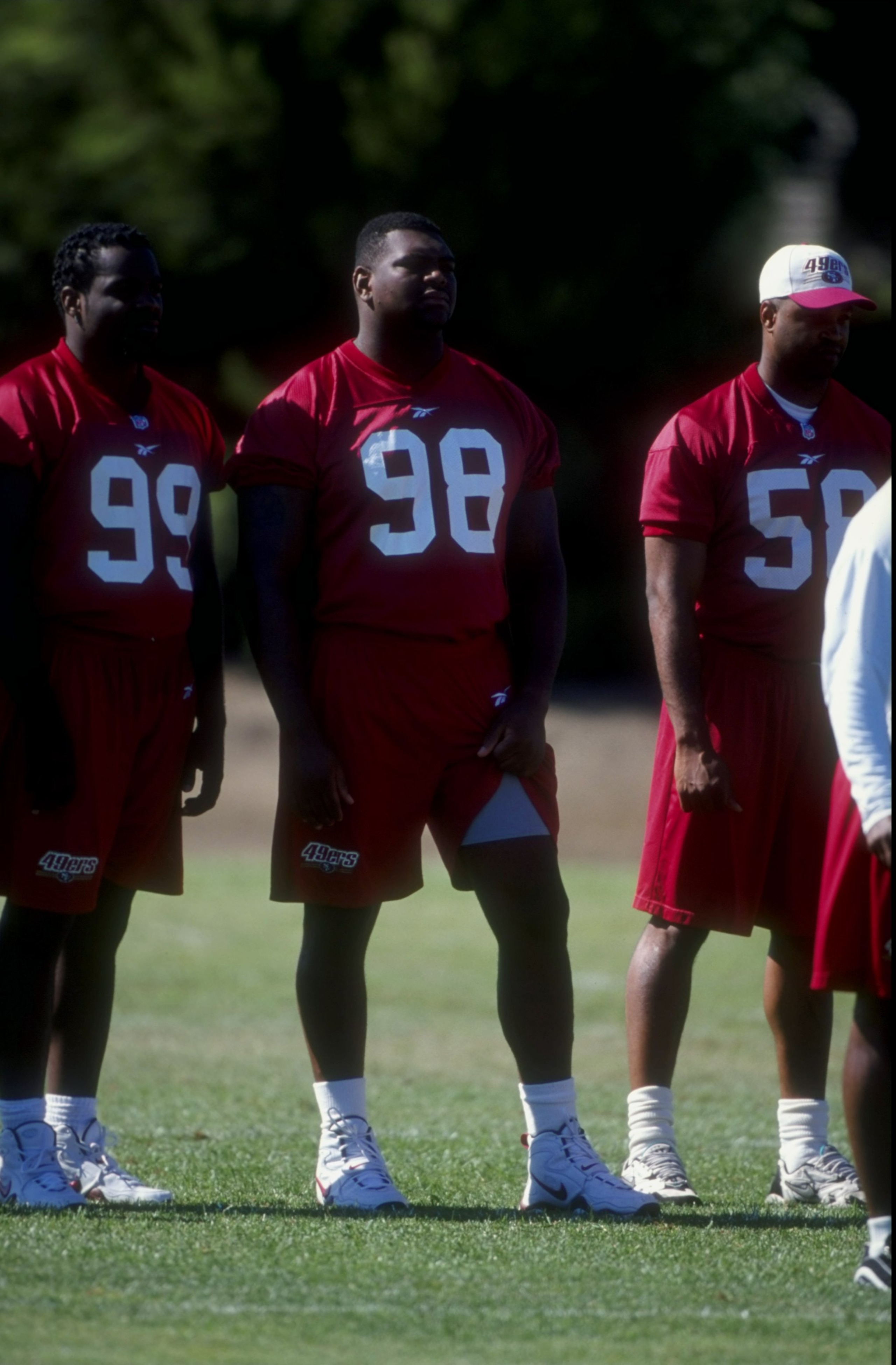 21 Jul 1998:  Defensive end Gabe Wilkins #98 of the San Francisco 49ers looks on during the 1998 San Francisco 49ers Training Camp at the University of the Pacific in Stockton, California. Mandatory Credit: Jed Jacobsohn  /Allsport