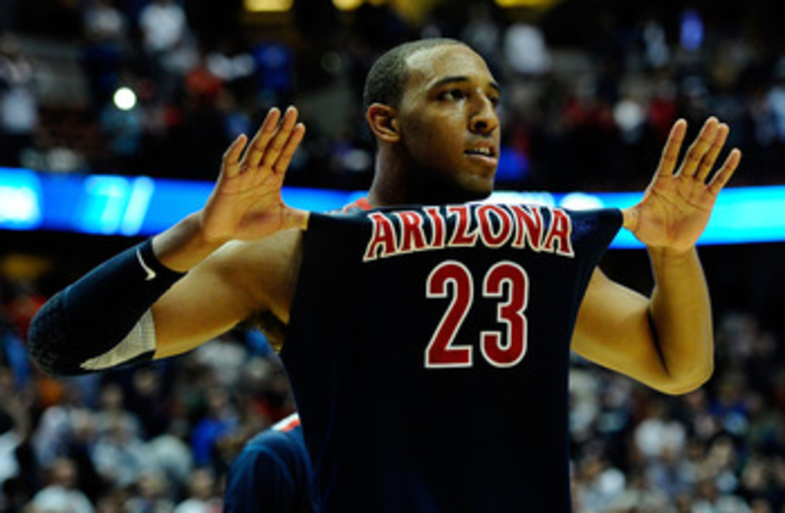 ANAHEIM, CA - MARCH 24:  Derrick Williams #23 of the Arizona Wildcats reacts after defeating the Duke Blue Devils during the west regional semifinal of the 2011 NCAA men's basketball tournament at the Honda Center on March 24, 2011 in Anaheim, California.
