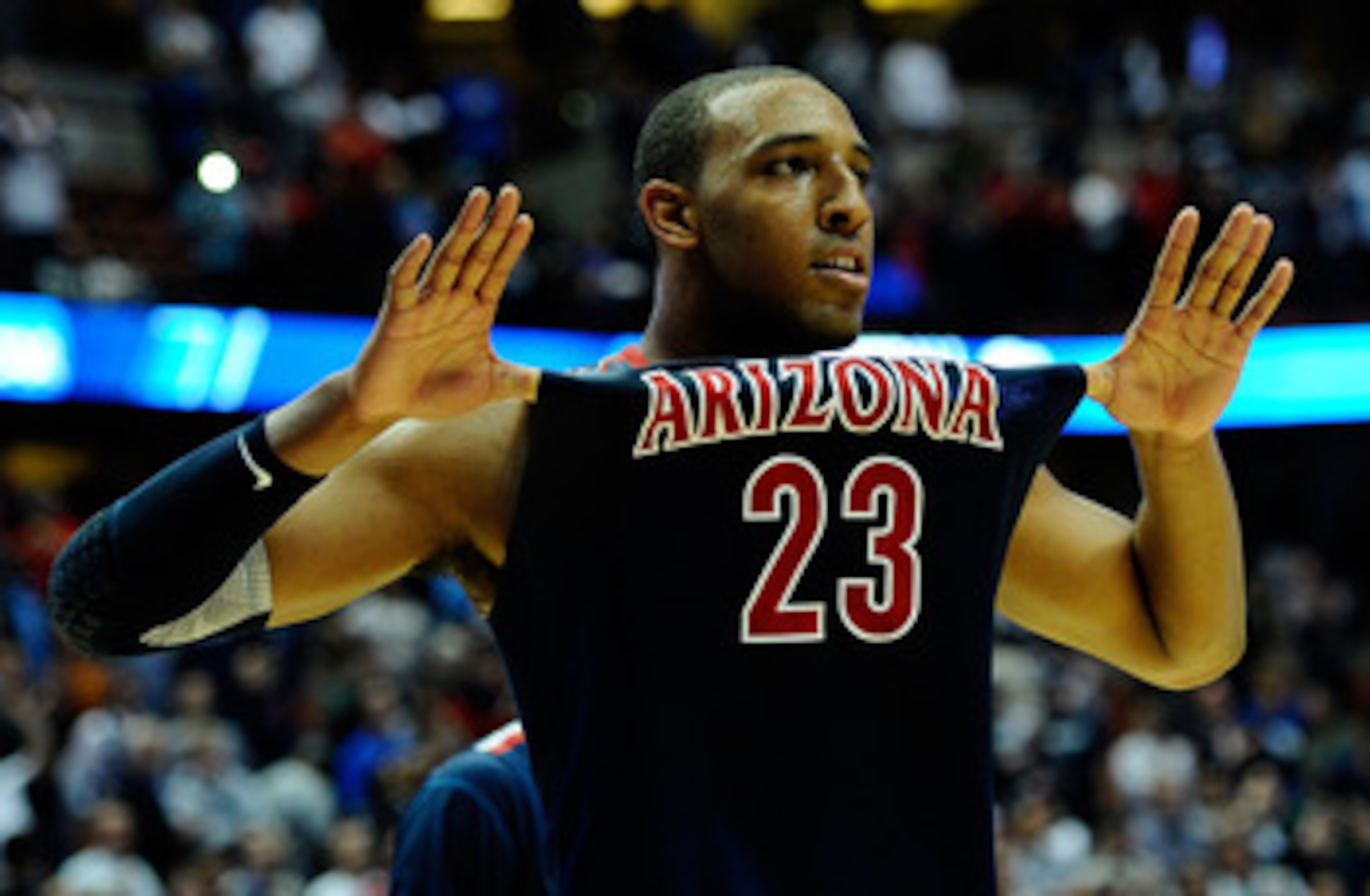 ANAHEIM, CA - MARCH 24:  Derrick Williams #23 of the Arizona Wildcats reacts after defeating the Duke Blue Devils during the west regional semifinal of the 2011 NCAA men's basketball tournament at the Honda Center on March 24, 2011 in Anaheim, California.