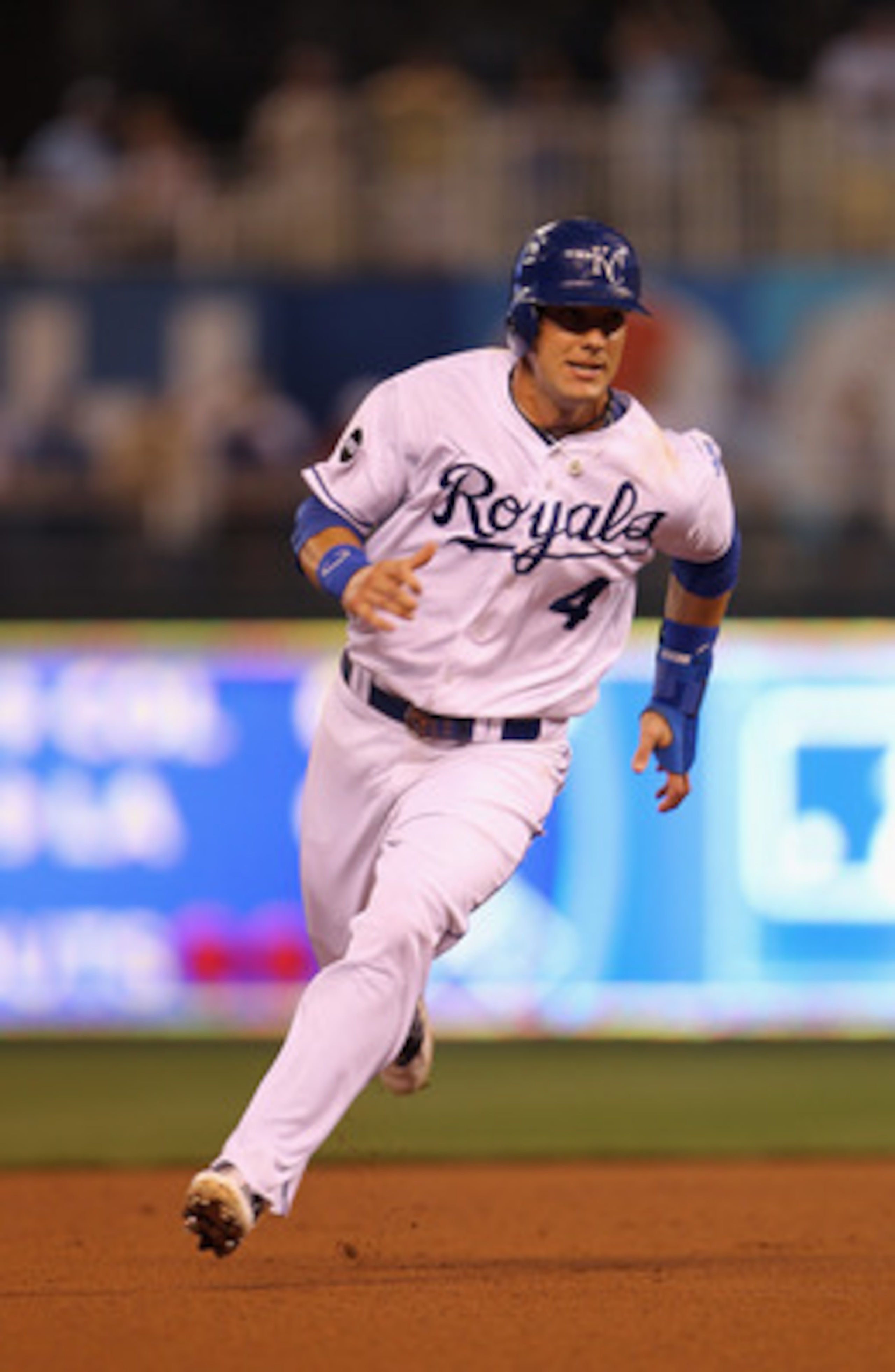KANSAS CITY, MO - MAY 31:  Alex Gordon #4 of the Kansas City Royals rounds the bases during the game against the Los Angeles Angels of Anaheim on May 31, 2011 at Kauffman Stadium in Kansas City, Missouri.  (Photo by Jamie Squire/Getty Images)