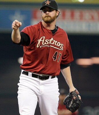HOUSTON, TX - APRIL 10: Closing pitcher Jeff Fulchino #47 of the Houston Astros asked for a called third strike on the final pitch against the Florida Marlins in a MLB  baseball game on April 10, 2011 at Minute Maid Park in Houston, Texas. Astros won 7 to
