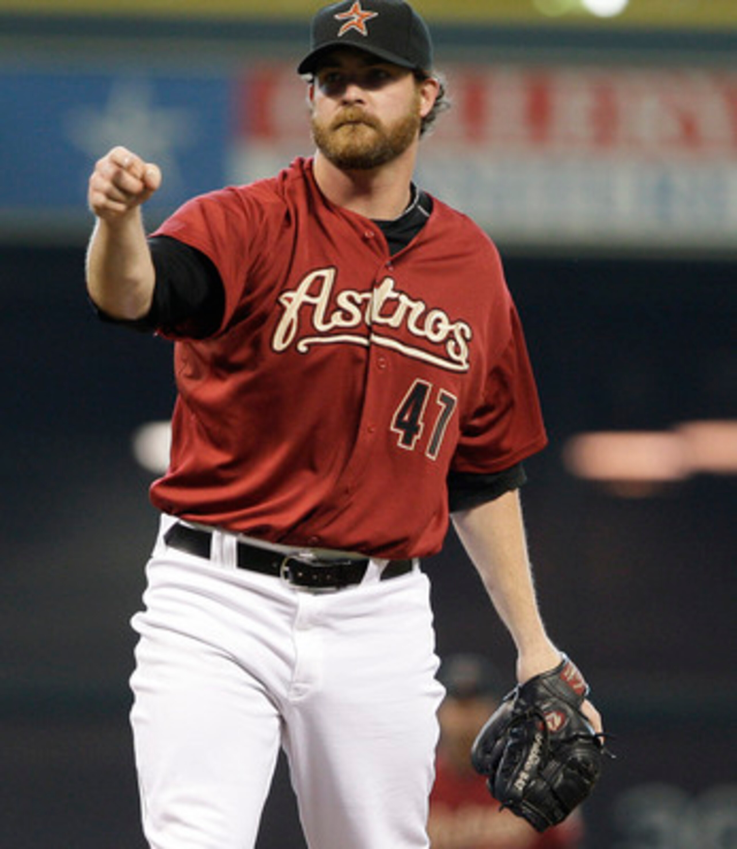 HOUSTON, TX - APRIL 10: Closing pitcher Jeff Fulchino #47 of the Houston Astros asked for a called third strike on the final pitch against the Florida Marlins in a MLB  baseball game on April 10, 2011 at Minute Maid Park in Houston, Texas. Astros won 7 to