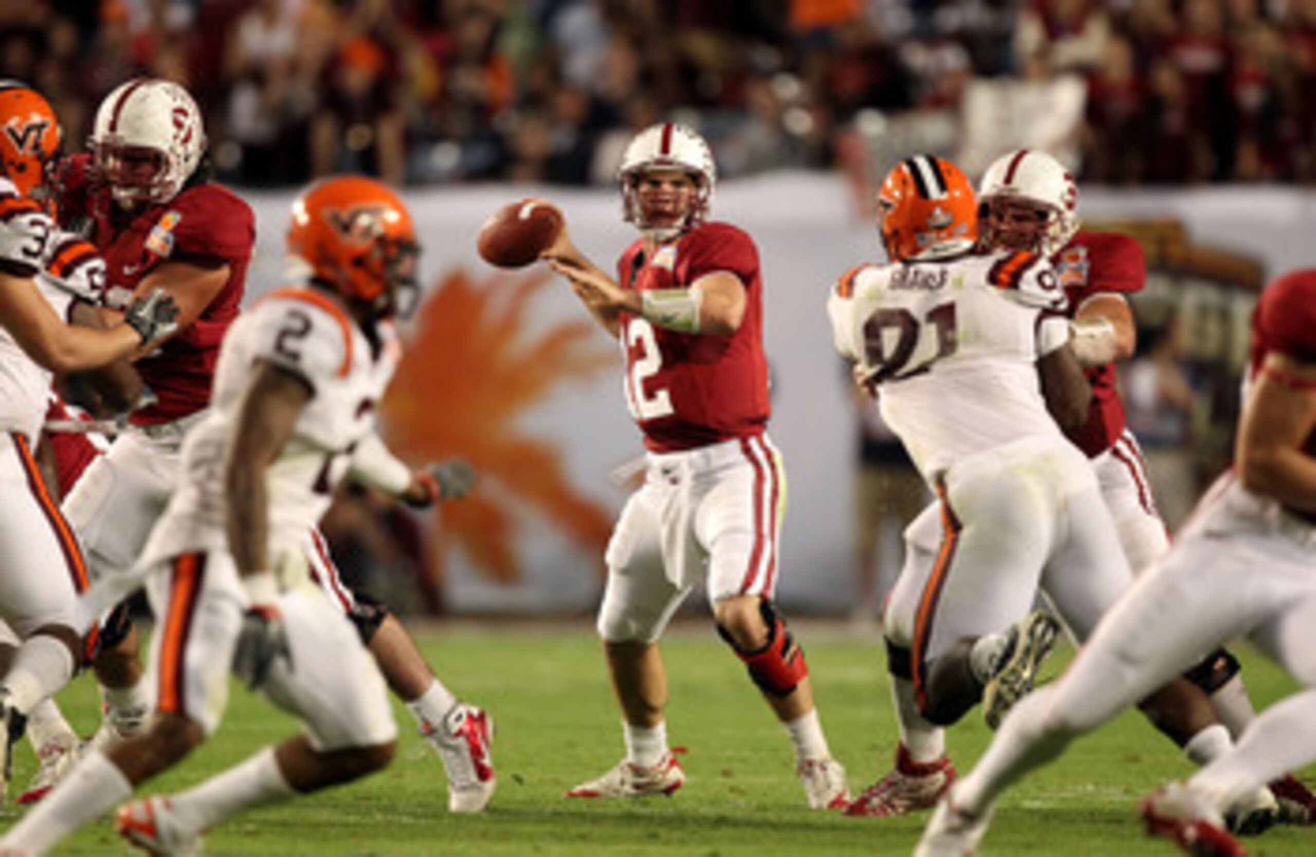 MIAMI, FL - JANUARY 03:  Quarterback Andrew Luck #12 of the Stanford Cardinal throws a pass against the Virginia Tech Hokies during the 2011 Discover Orange Bowl at Sun Life Stadium on January 3, 2011 in Miami, Florida. Stanford won 40-12. (Photo by Stree